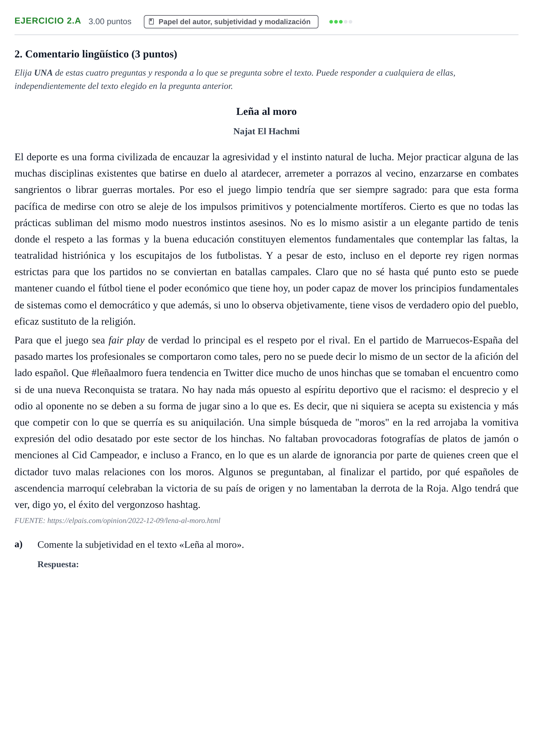 Enunciado: Ejercicio 2.a · Lengua Castellana y Literatura II PAU Navarra Ordinaria 2023