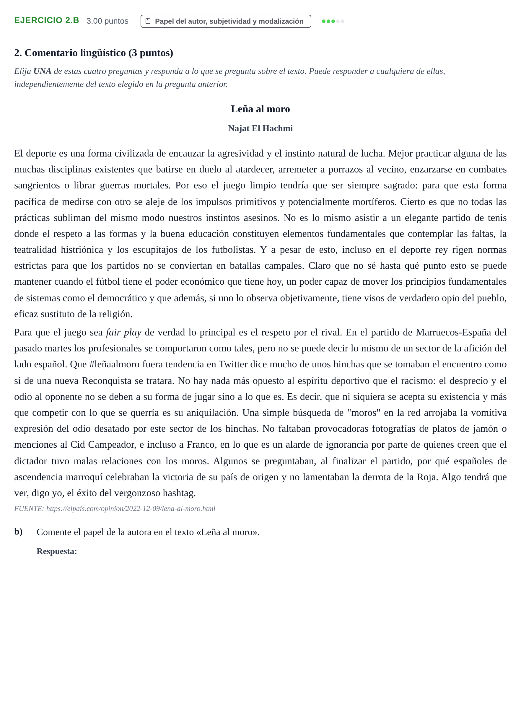 Enunciado: Ejercicio 2.b · Lengua Castellana y Literatura II PAU Navarra Ordinaria 2023
