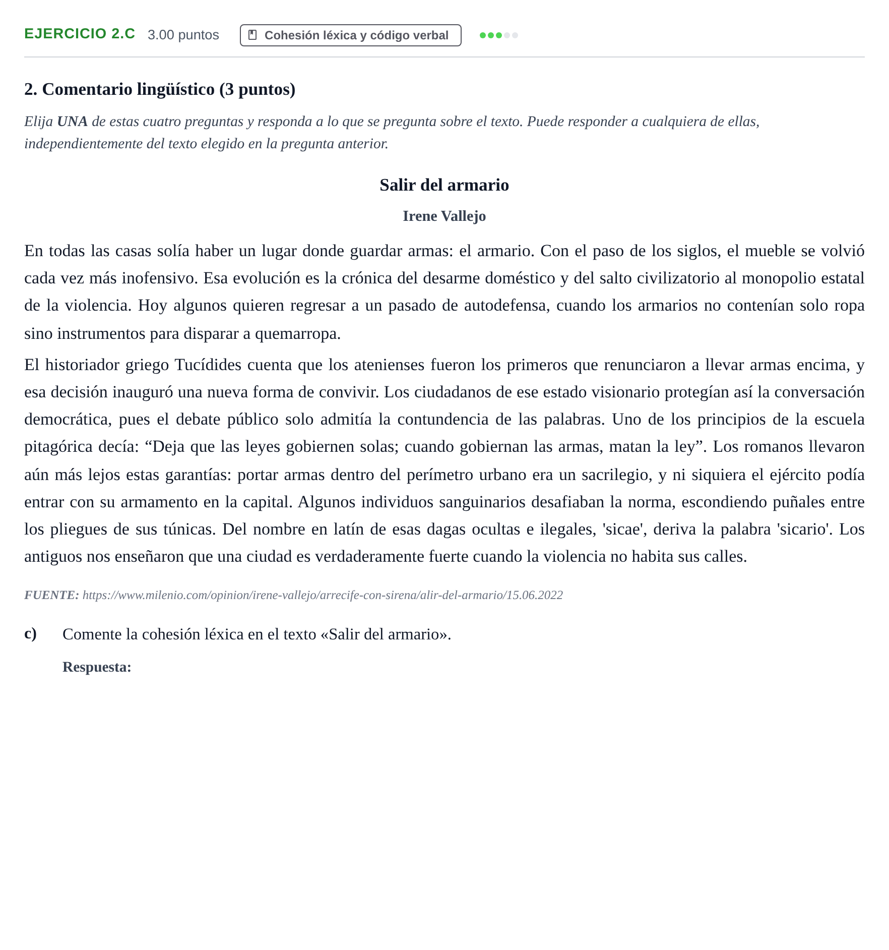 Enunciado: Ejercicio 2.c · Lengua Castellana y Literatura II PAU Navarra Ordinaria 2023