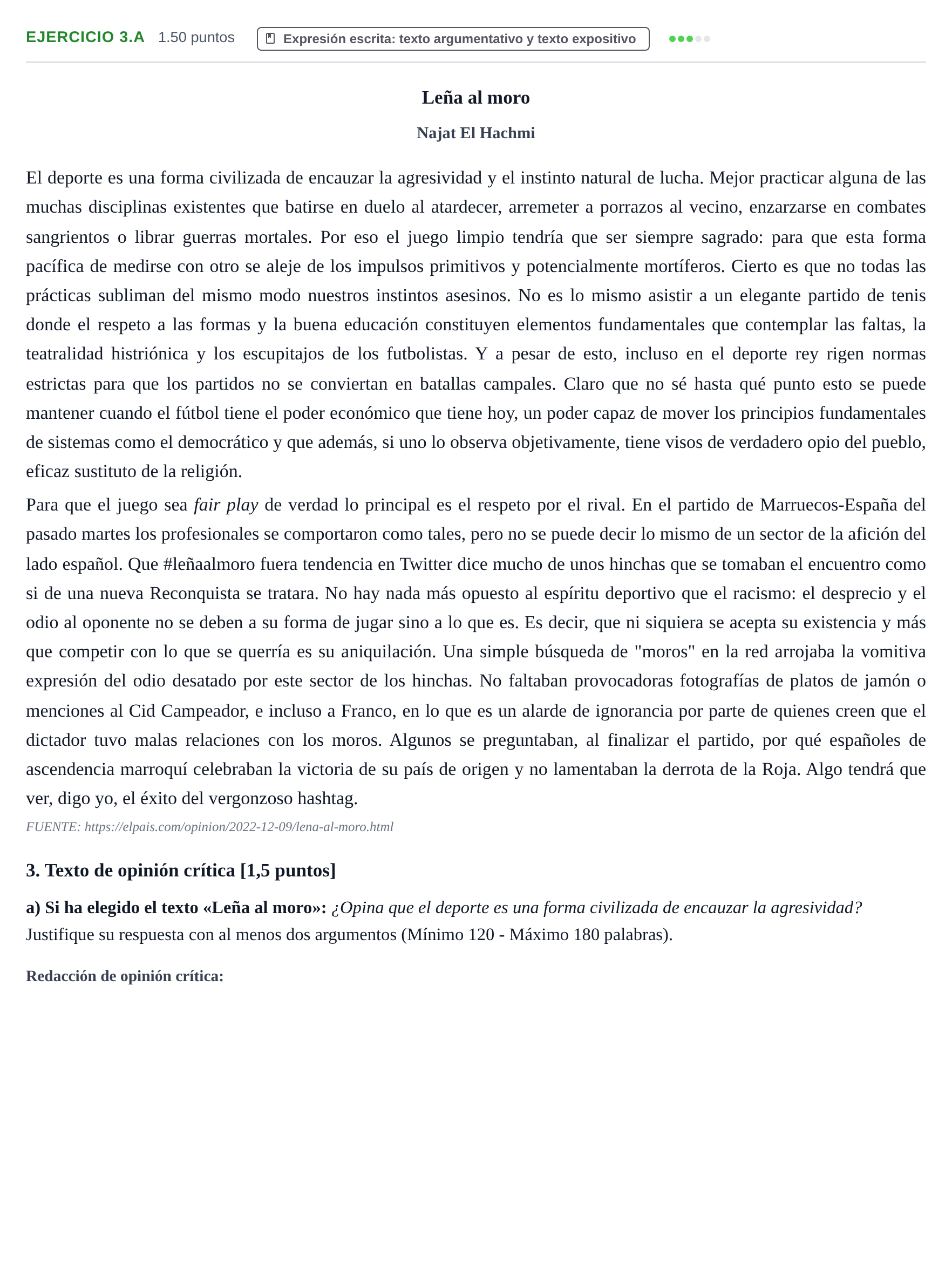 Enunciado: Ejercicio 3.a · Lengua Castellana y Literatura II PAU Navarra Ordinaria 2023