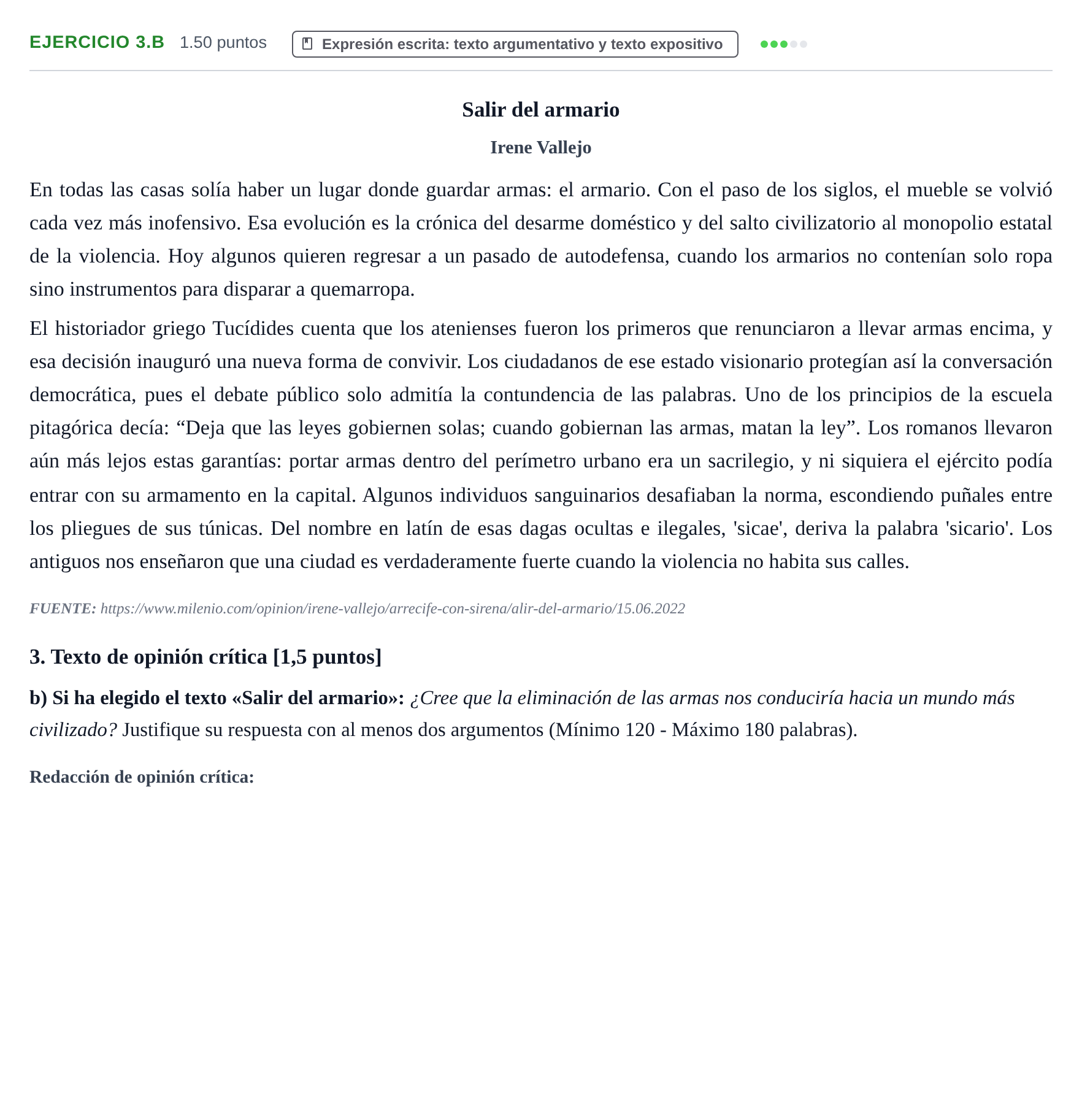 Enunciado: Ejercicio 3.b · Lengua Castellana y Literatura II PAU Navarra Ordinaria 2023