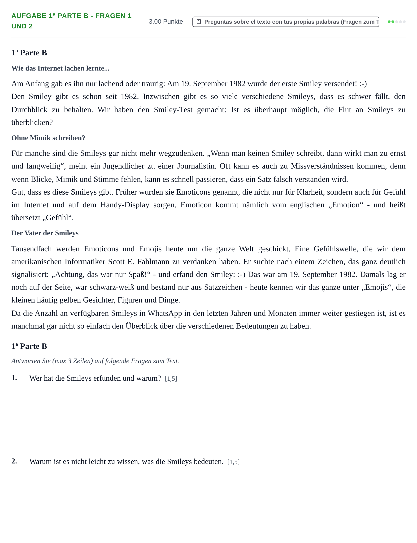 Enunciado: Ejercicio 1ª Parte B - Fragen 1 und 2 · Alemán PAU Navarra Extraordinaria 2023