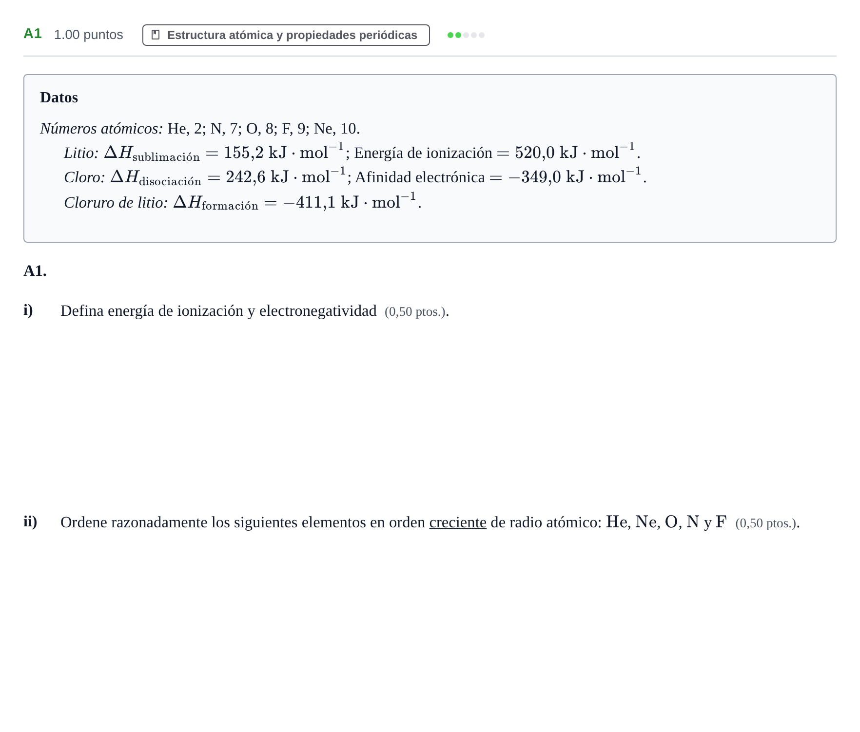 Enunciado: Ejercicio A1 - Estructura atómica y propiedades periódicas · Química PAU Navarra Ordinaria 2023