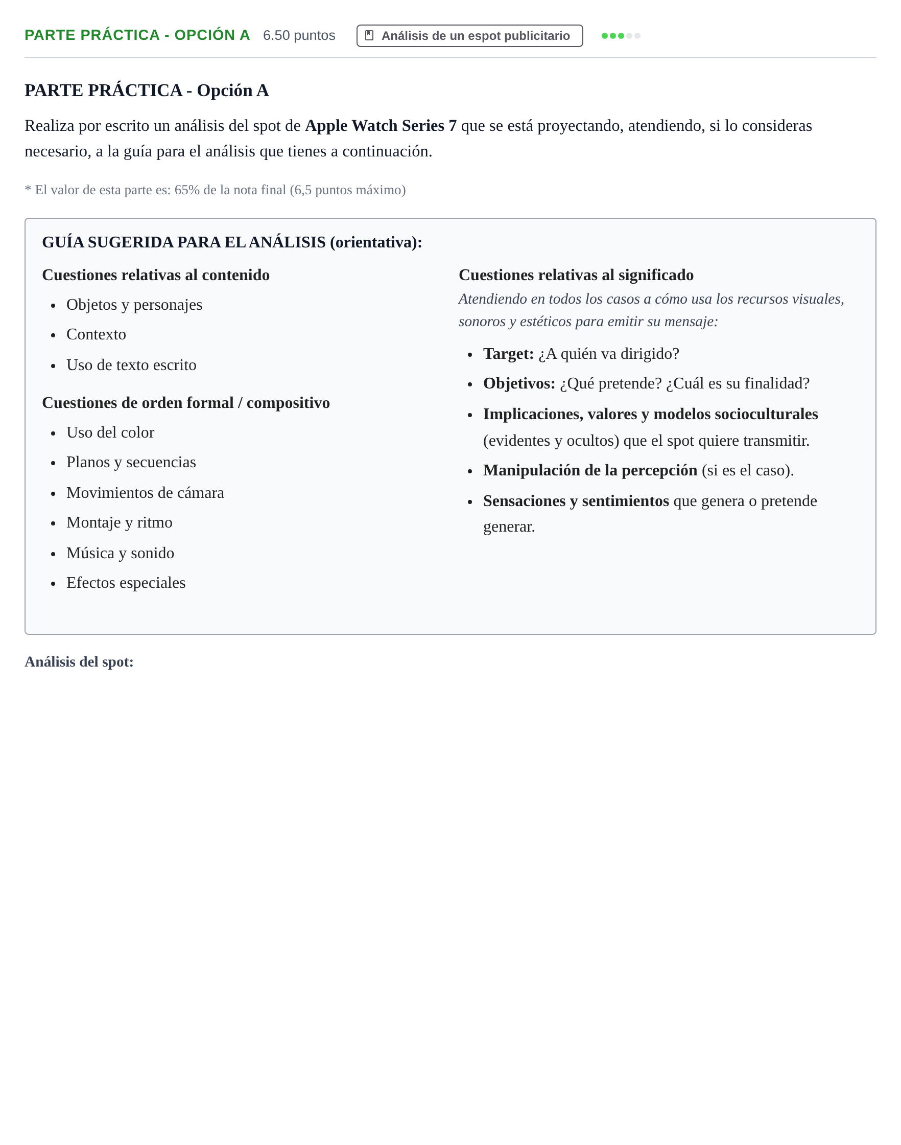 Enunciado: Ejercicio Parte práctica - Opción A · Cultura Audiovisual II PAU Navarra Extraordinaria 2023