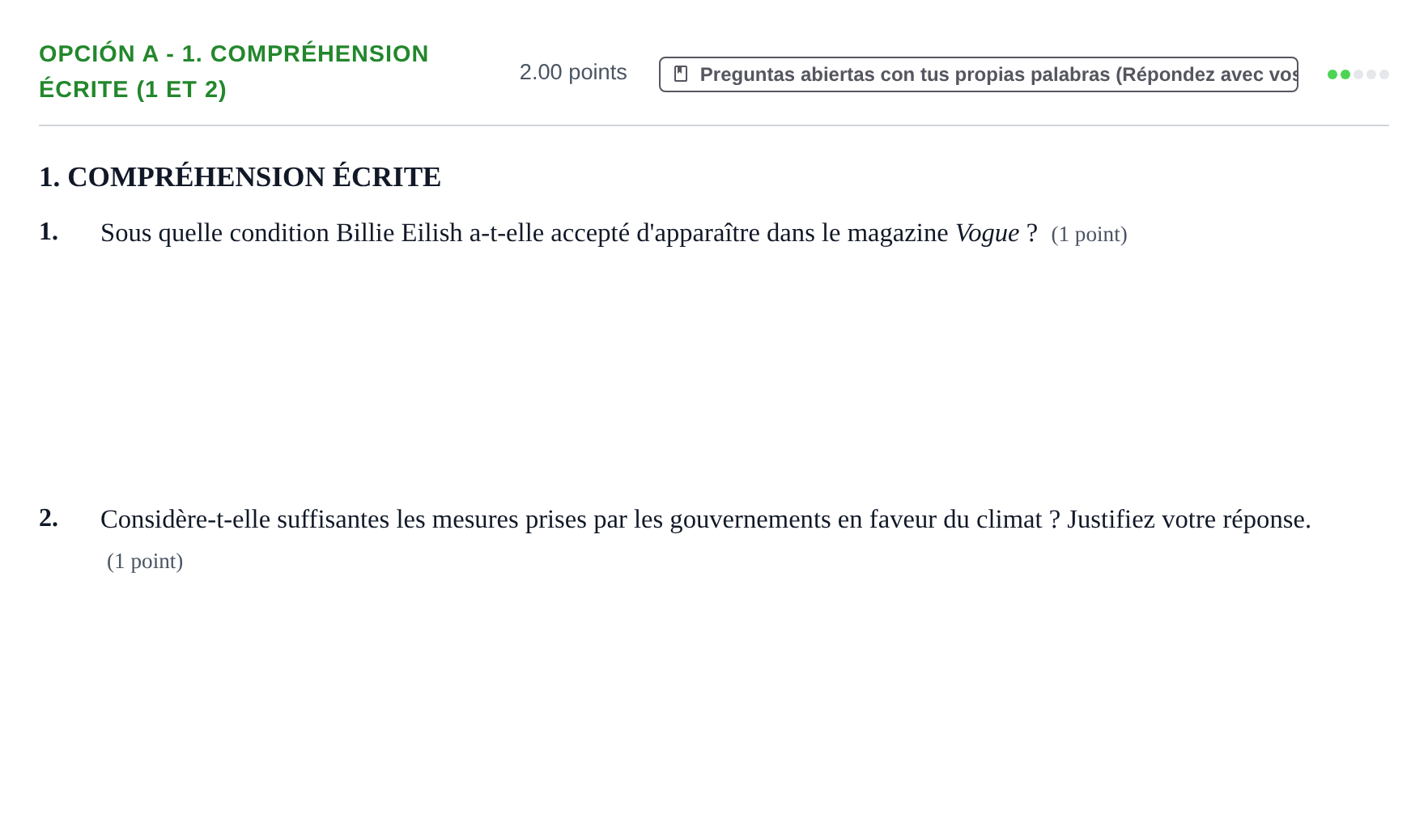 Enunciado: Opción A - 1. Compréhension écrite (1 et 2) · Francés PAU Navarra Extraordinaria 2023
