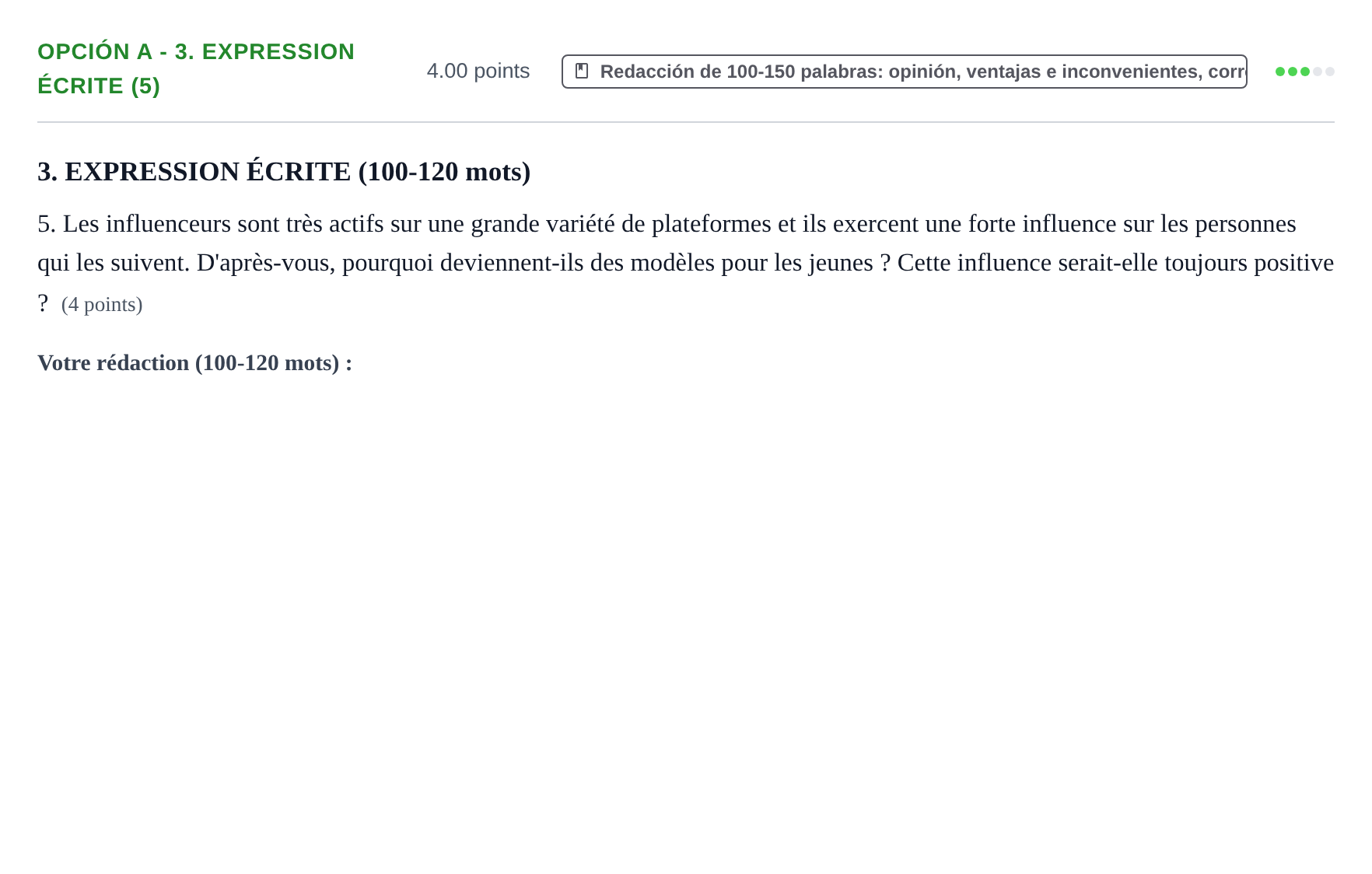 Enunciado: Opción A - 3. Expression écrite (5) · Francés PAU Navarra Extraordinaria 2023