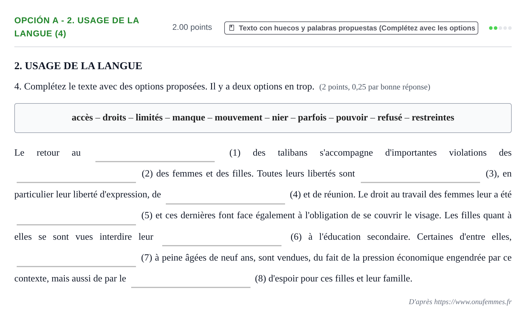Enunciado: Opción A - 2. Usage de la langue (4) · Francés PAU Navarra Extraordinaria 2023