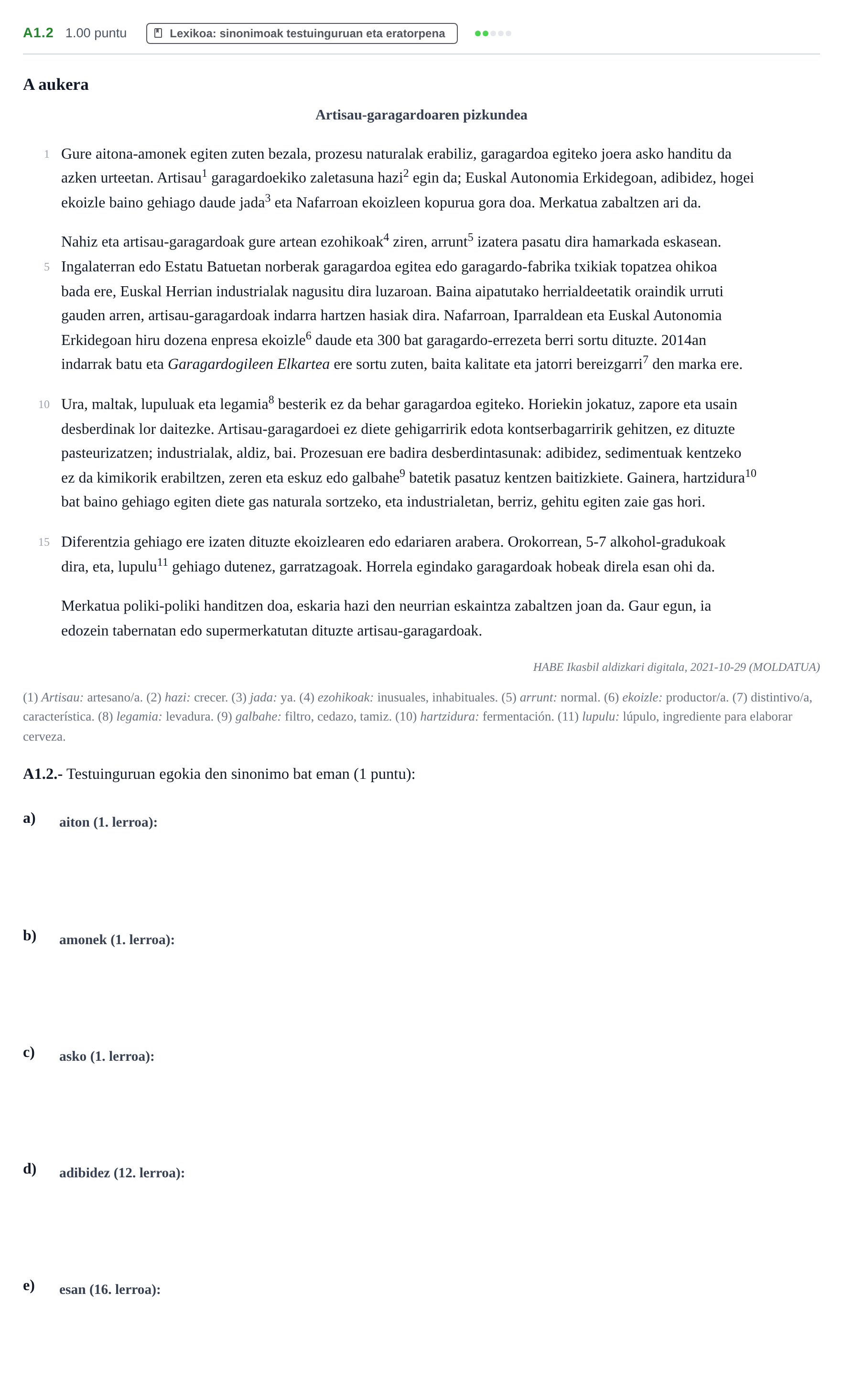 Enunciado: Ejercicio A1.2 · Lengua Vasca y Literatura II PAU Navarra Extraordinaria (Modelo A) 2023