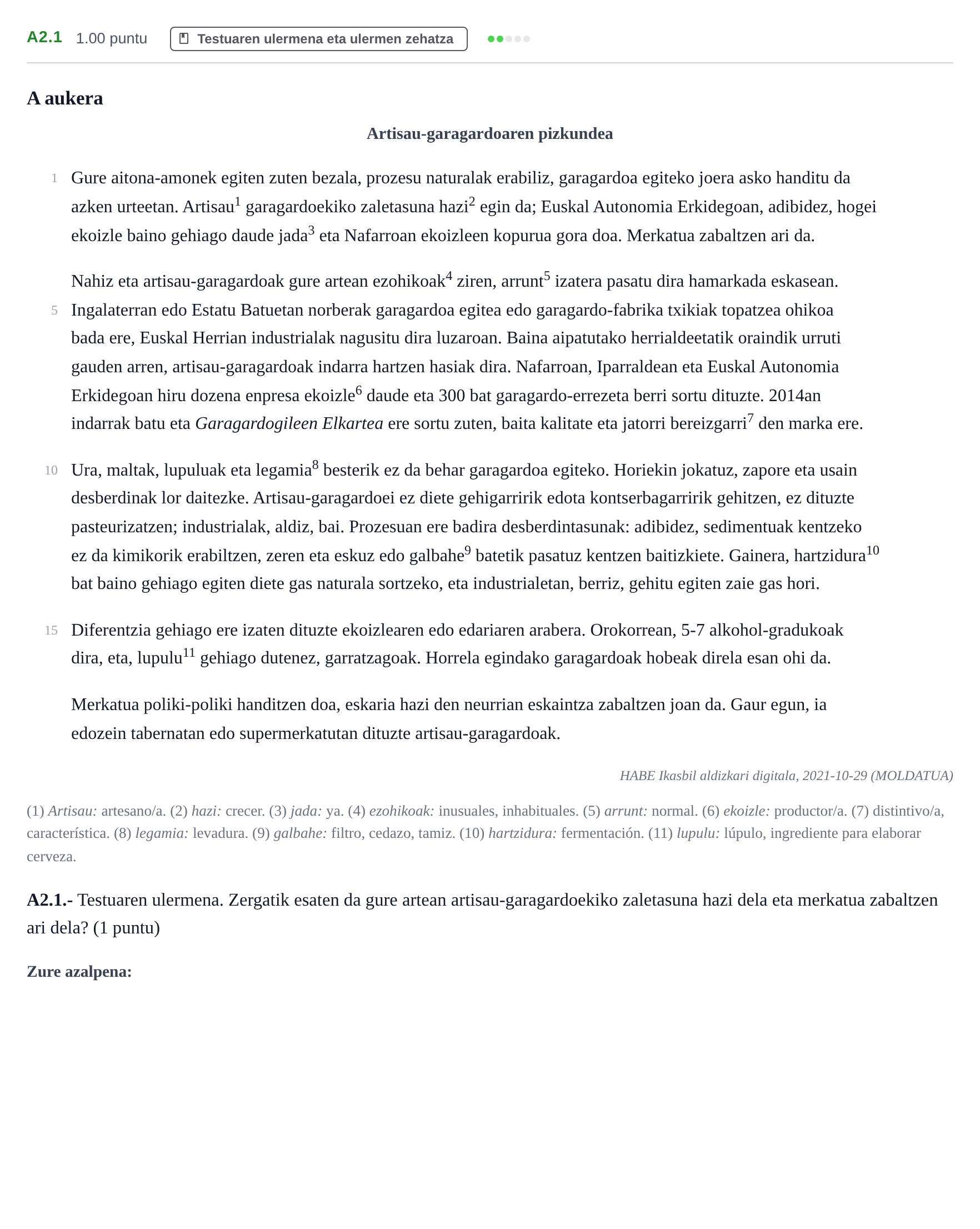 Enunciado: Ejercicio A2.1 · Lengua Vasca y Literatura II PAU Navarra Extraordinaria (Modelo A) 2023