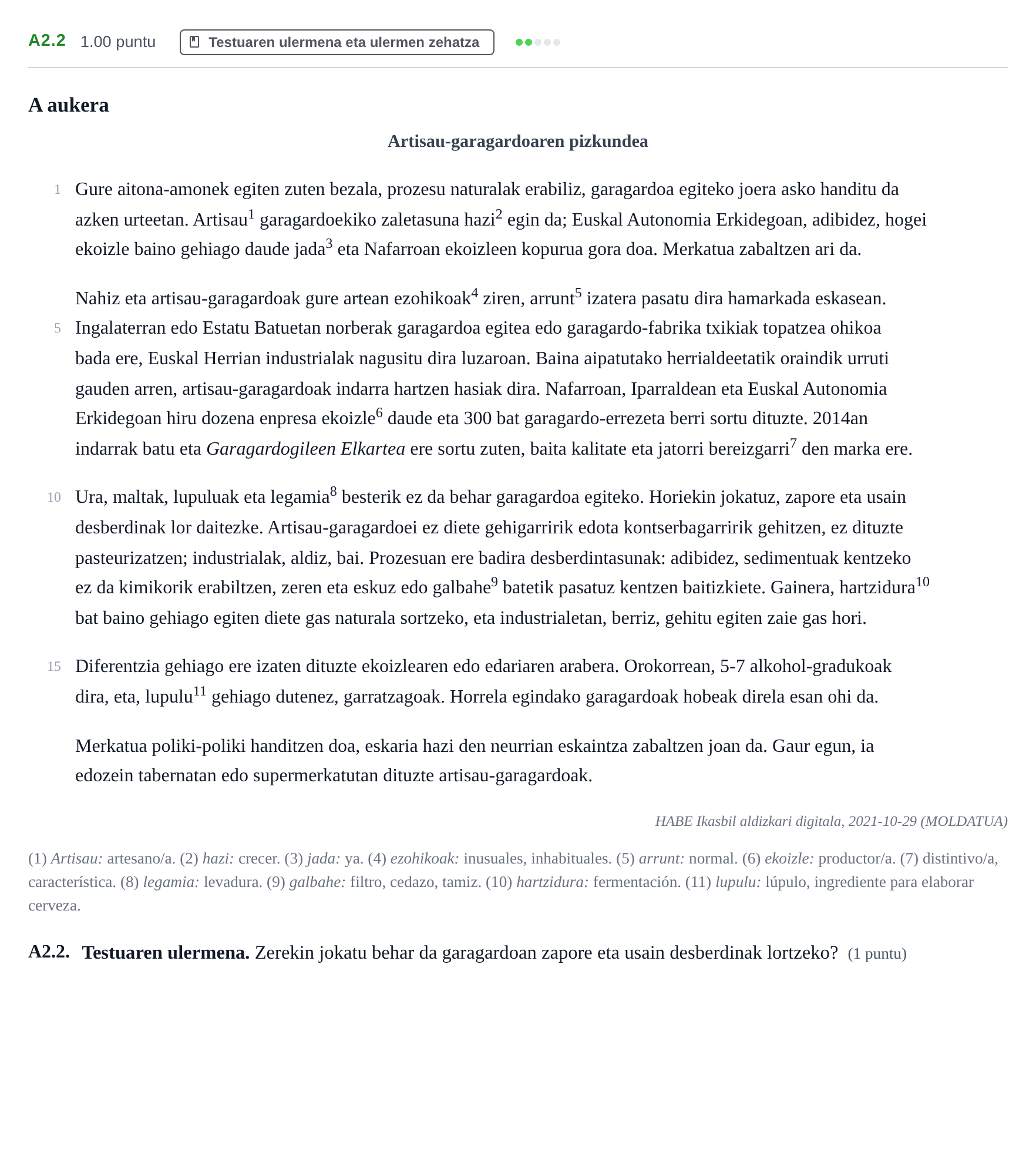 Enunciado: Ejercicio A2.2 · Lengua Vasca y Literatura II PAU Navarra Extraordinaria (Modelo A) 2023