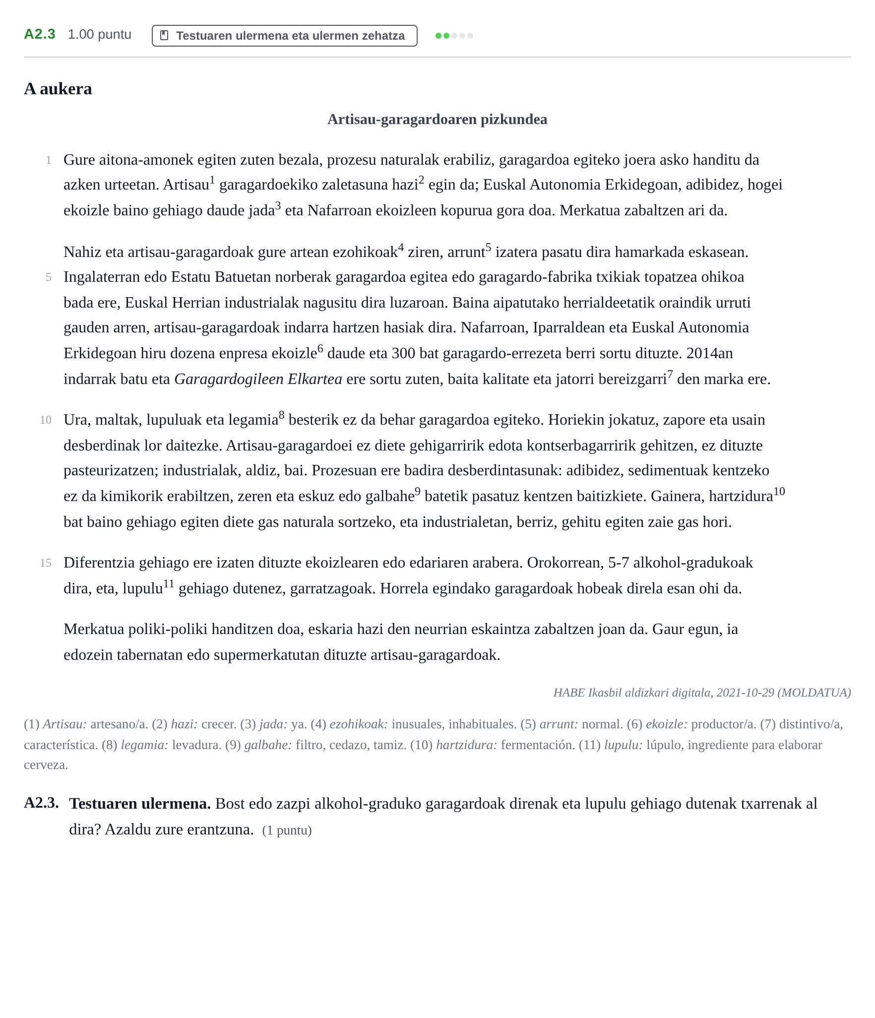 Enunciado: Ejercicio A2.3 · Lengua Vasca y Literatura II PAU Navarra Extraordinaria (Modelo A) 2023