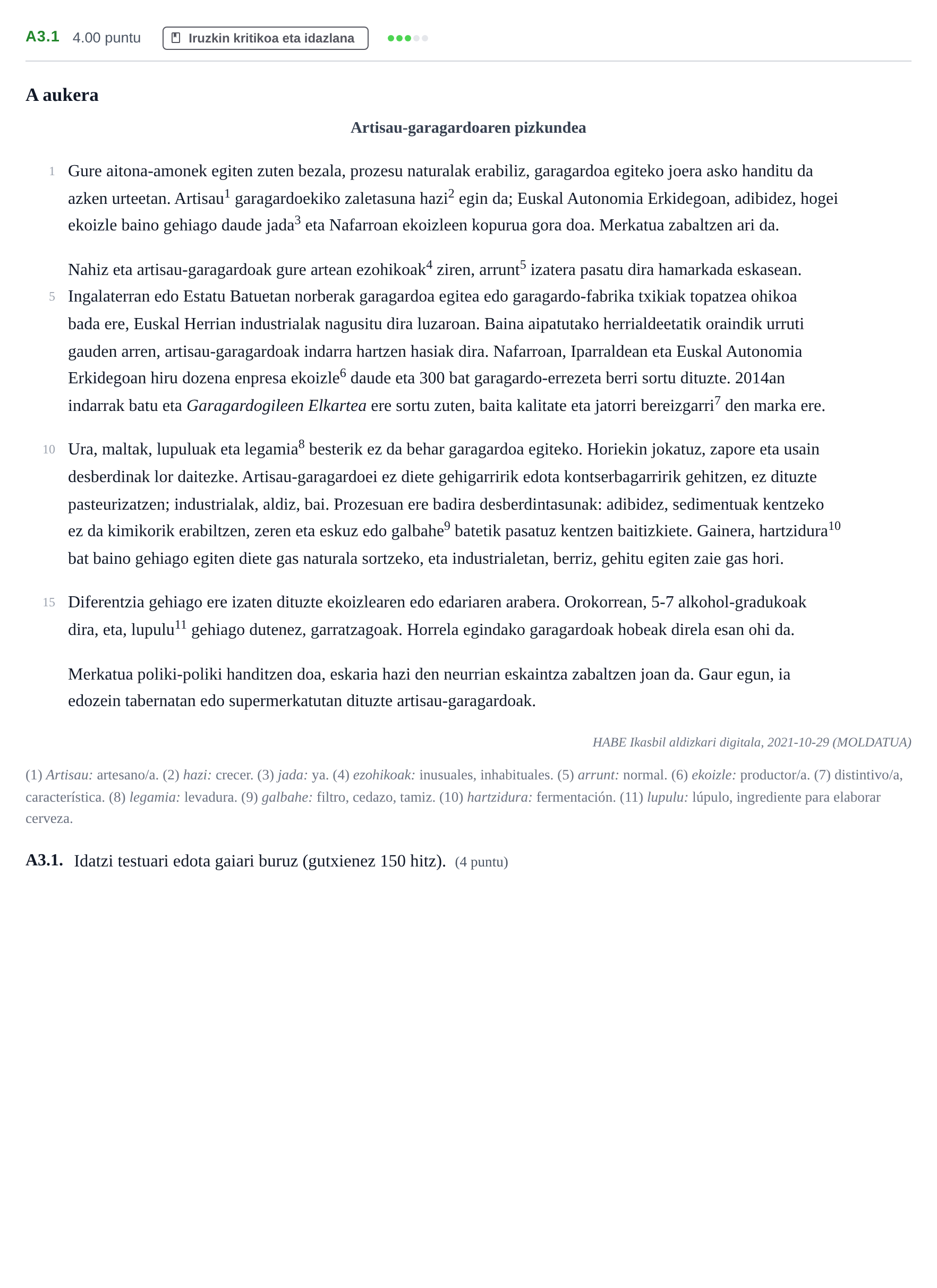 Enunciado: Ejercicio A3.1 · Lengua Vasca y Literatura II PAU Navarra Extraordinaria (Modelo A) 2023