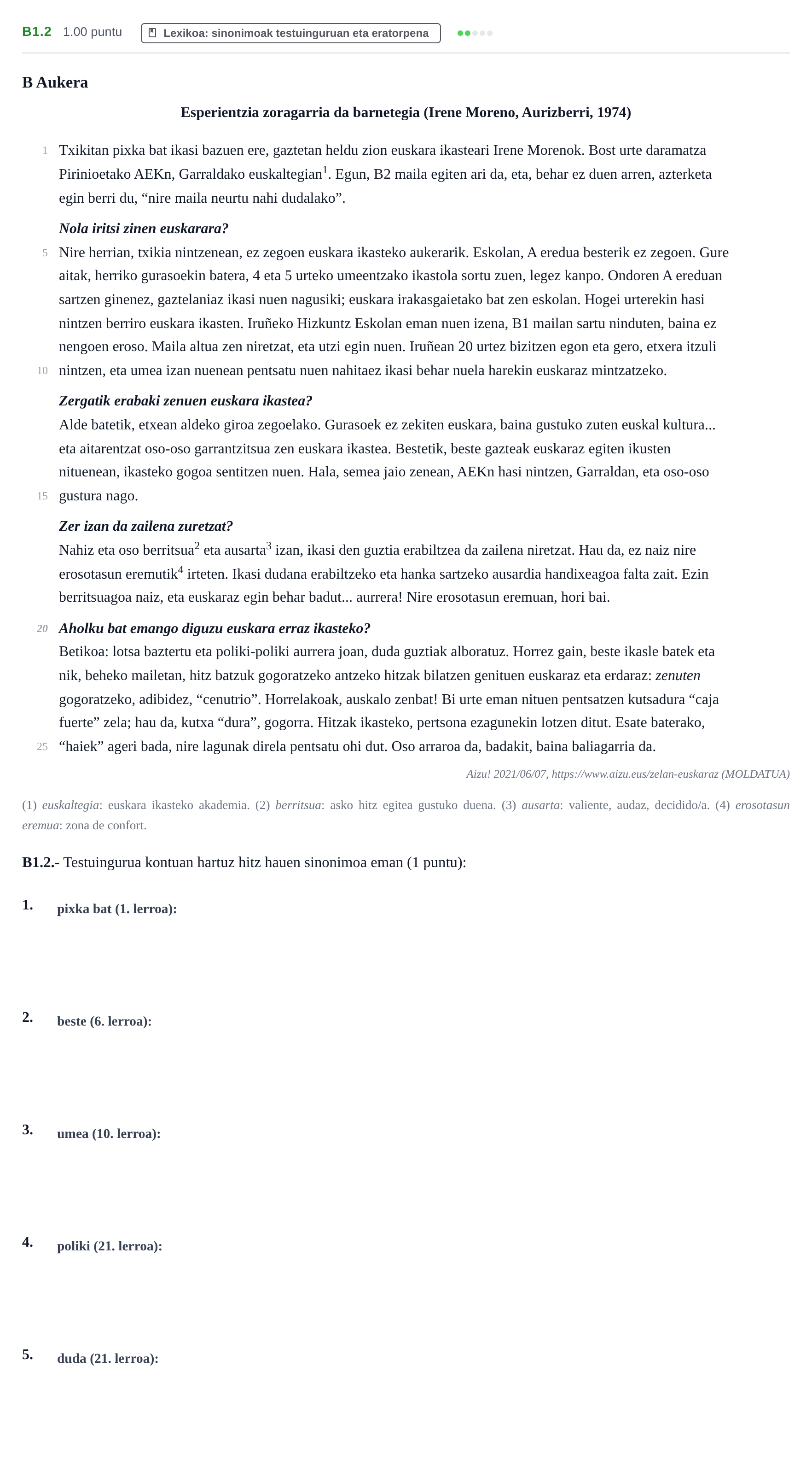 Enunciado: Ejercicio B1.2 · Lengua Vasca y Literatura II PAU Navarra Extraordinaria (Modelo A) 2023