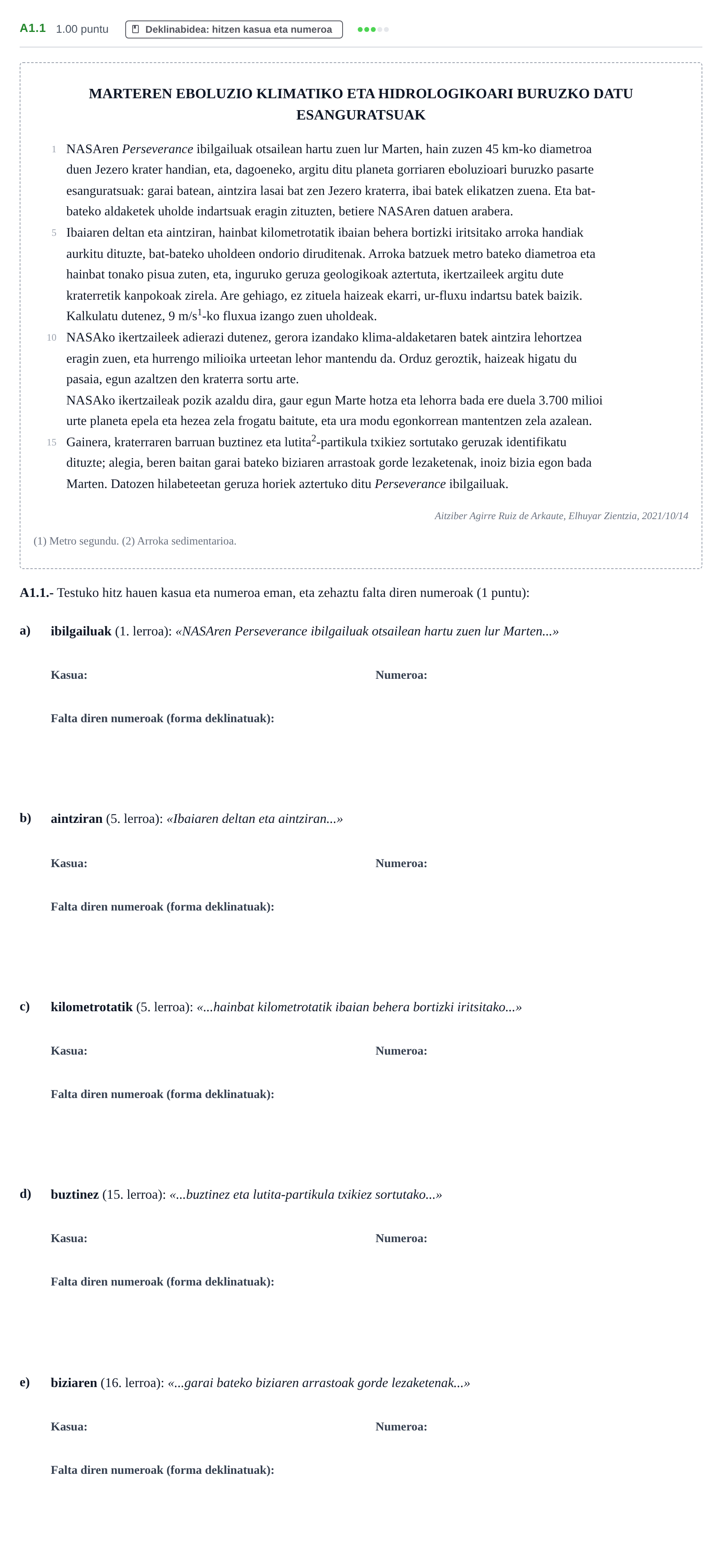 Enunciado: Ejercicio A1.1 · Lengua Vasca y Literatura II PAU Navarra Extraordinaria (Modelo D) 2023