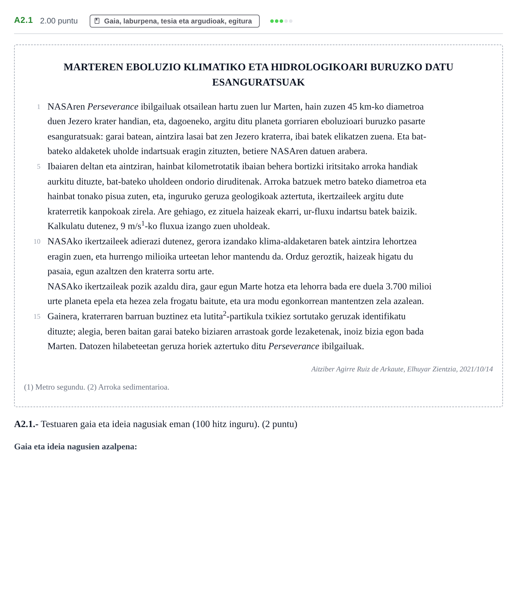 Enunciado: Ejercicio A2.1 · Lengua Vasca y Literatura II PAU Navarra Extraordinaria (Modelo D) 2023