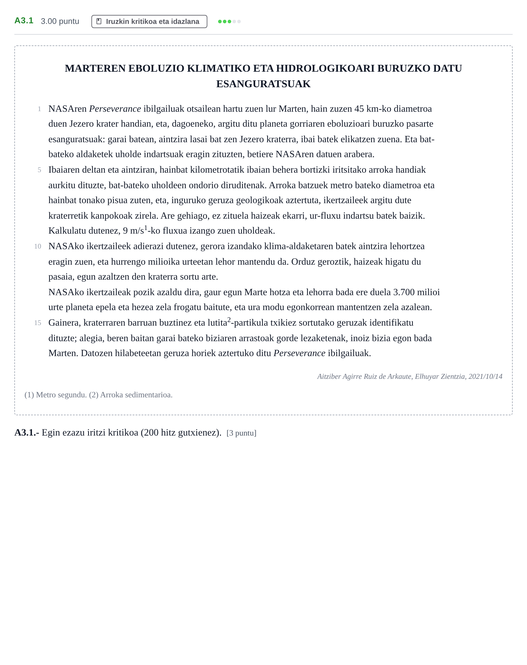 Enunciado: Ejercicio A3.1 · Lengua Vasca y Literatura II PAU Navarra Extraordinaria (Modelo D) 2023
