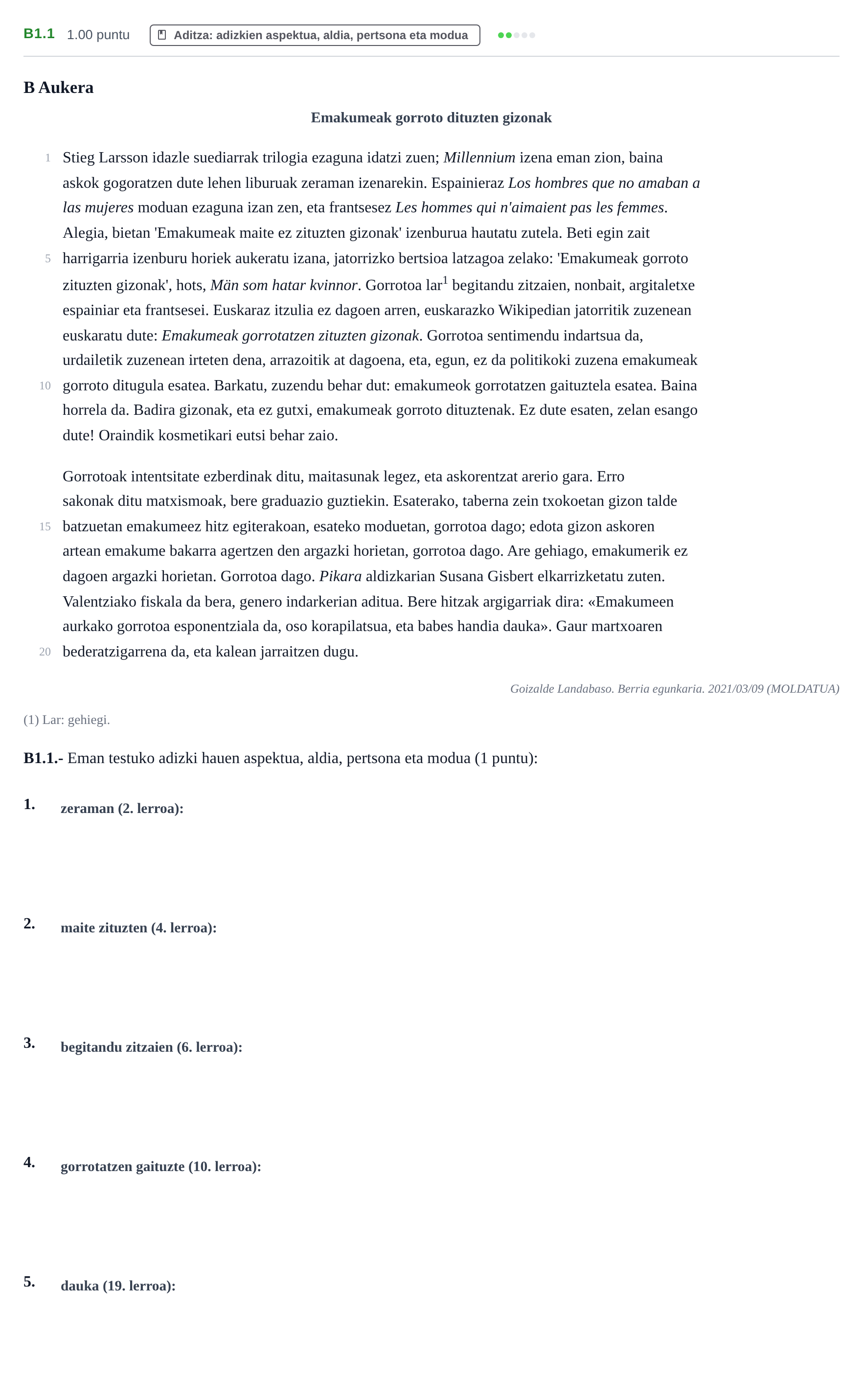 Enunciado: Ejercicio B1.1 · Lengua Vasca y Literatura II PAU Navarra Extraordinaria (Modelo D) 2023