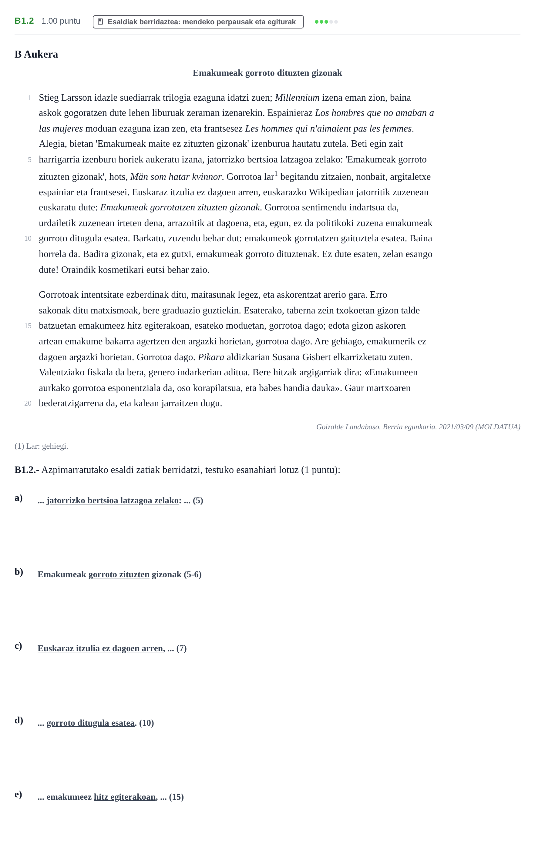 Enunciado: Ejercicio B1.2 · Lengua Vasca y Literatura II PAU Navarra Extraordinaria (Modelo D) 2023