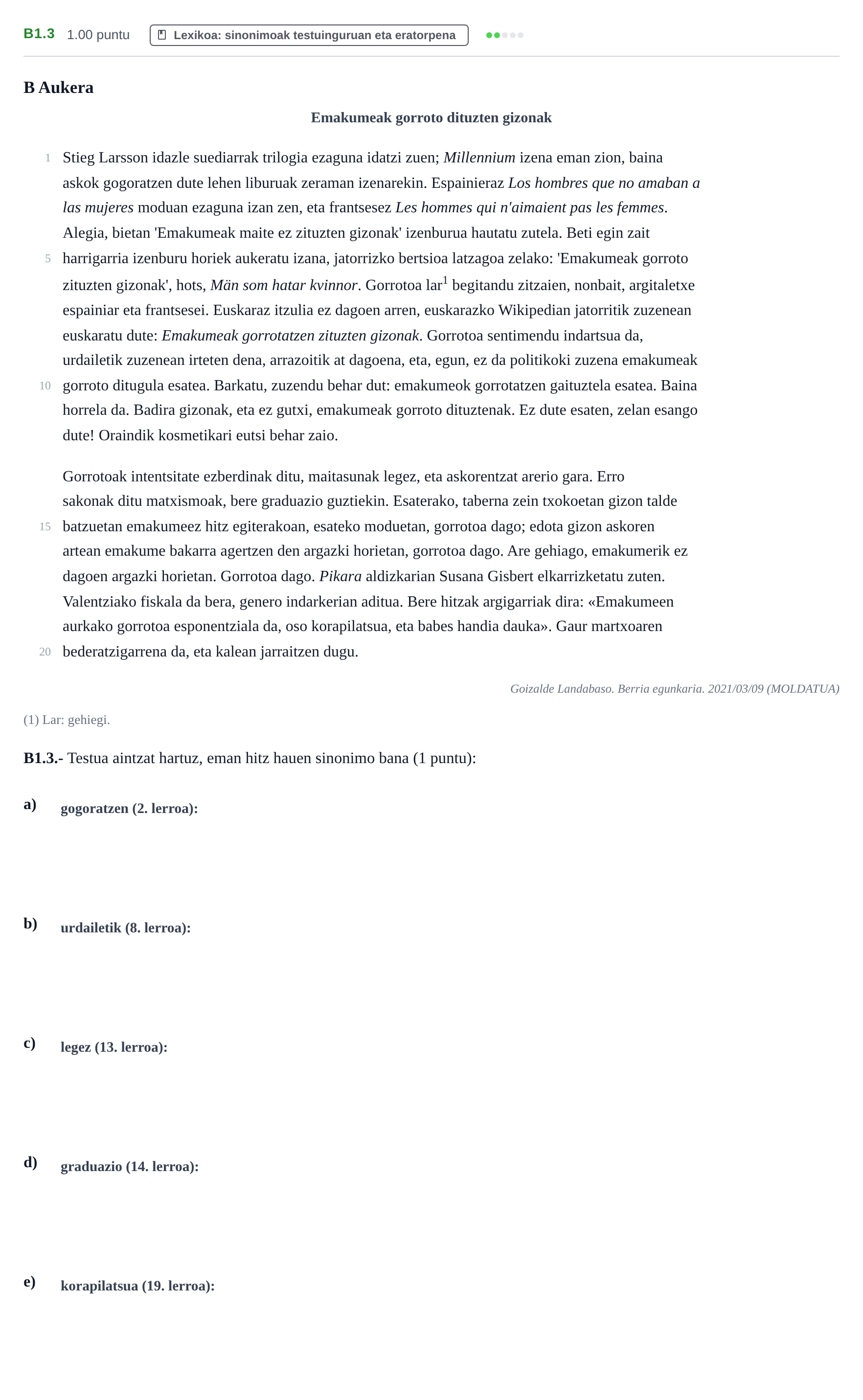 Enunciado: Ejercicio B1.3 · Lengua Vasca y Literatura II PAU Navarra Extraordinaria (Modelo D) 2023