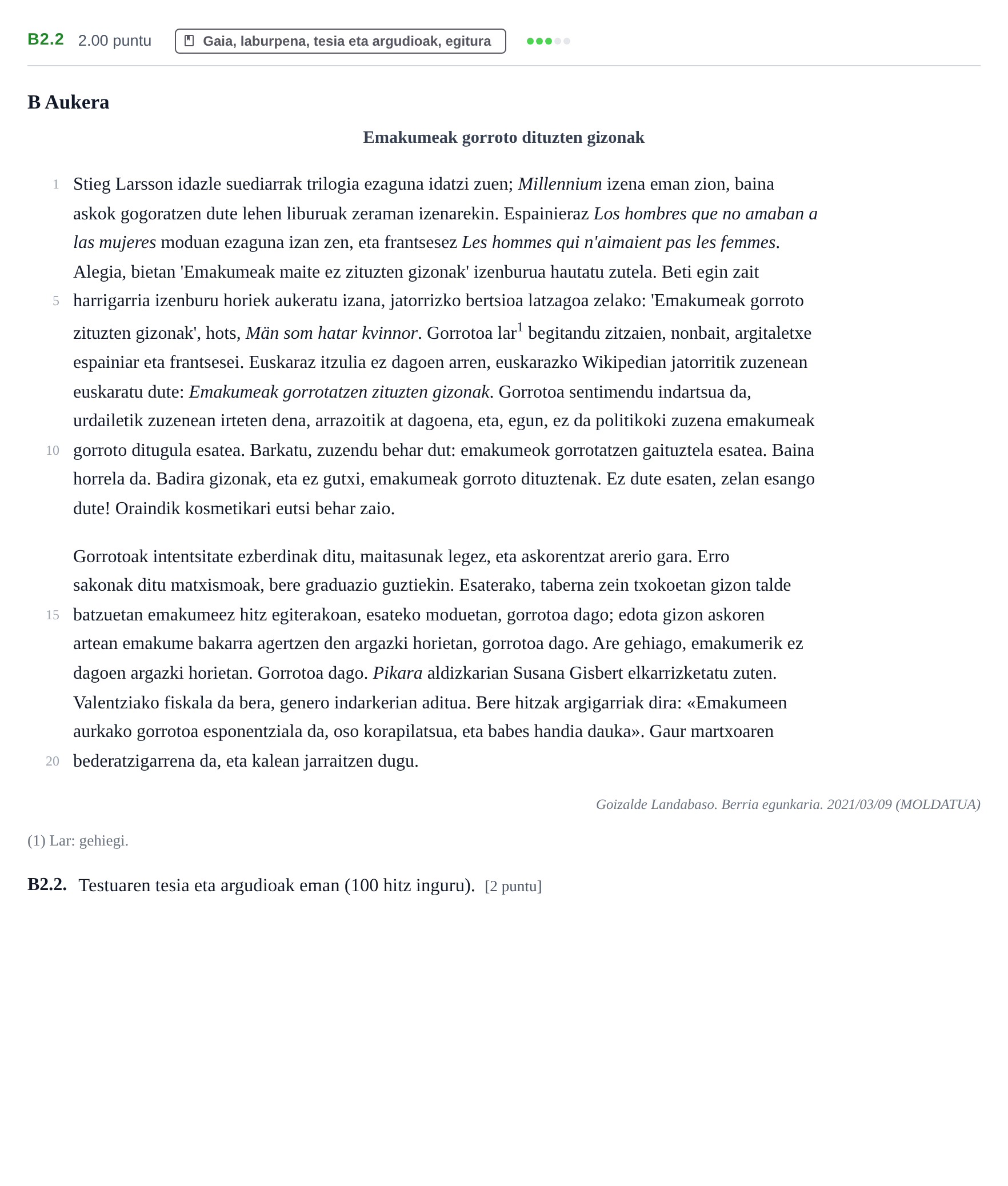 Enunciado: Ejercicio B2.2 · Lengua Vasca y Literatura II PAU Navarra Extraordinaria (Modelo D) 2023
