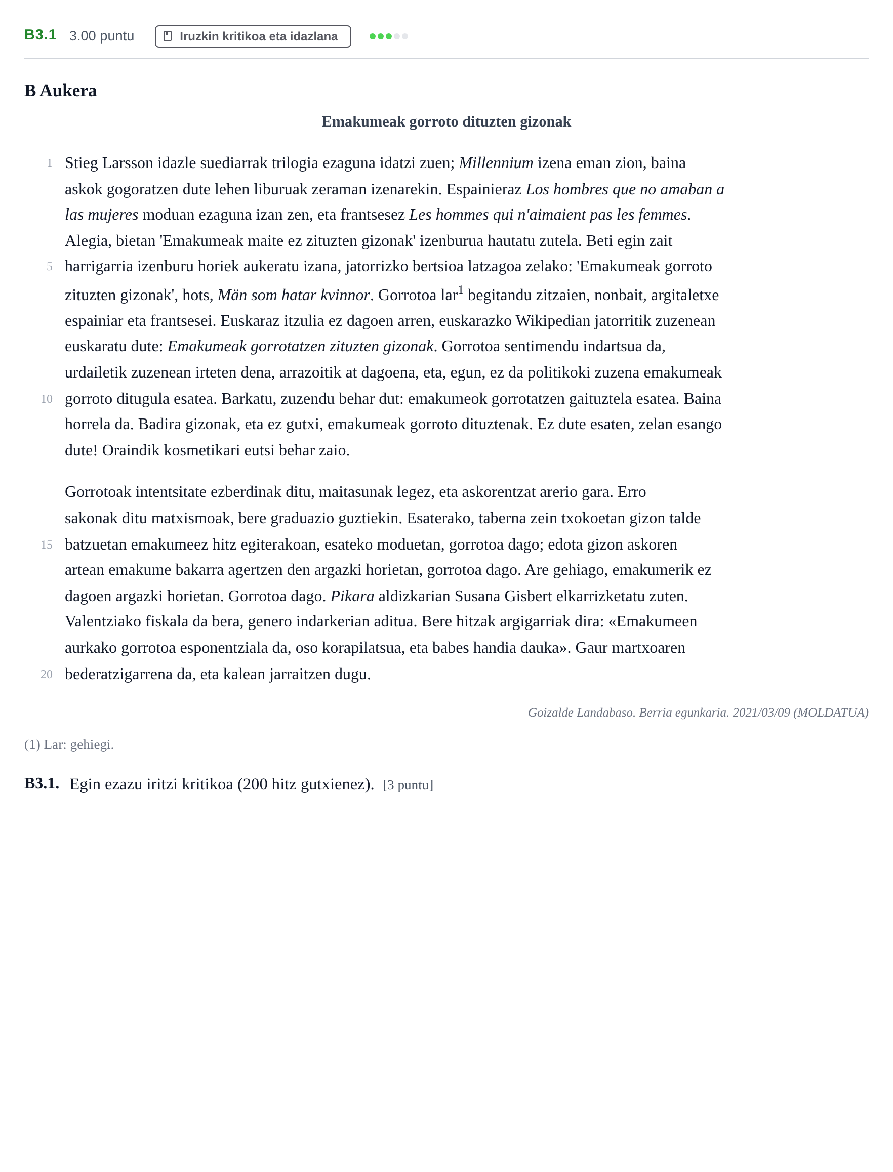 Enunciado: Ejercicio B3.1 · Lengua Vasca y Literatura II PAU Navarra Extraordinaria (Modelo D) 2023