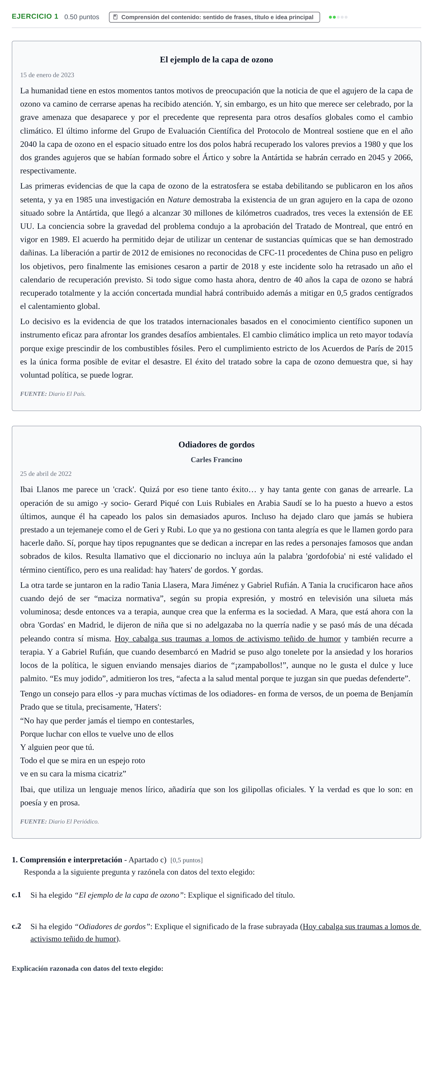 Enunciado: Ejercicio 1 - Comprensión del contenido · Lengua Castellana y Literatura II PAU Navarra Extraordinaria 2023