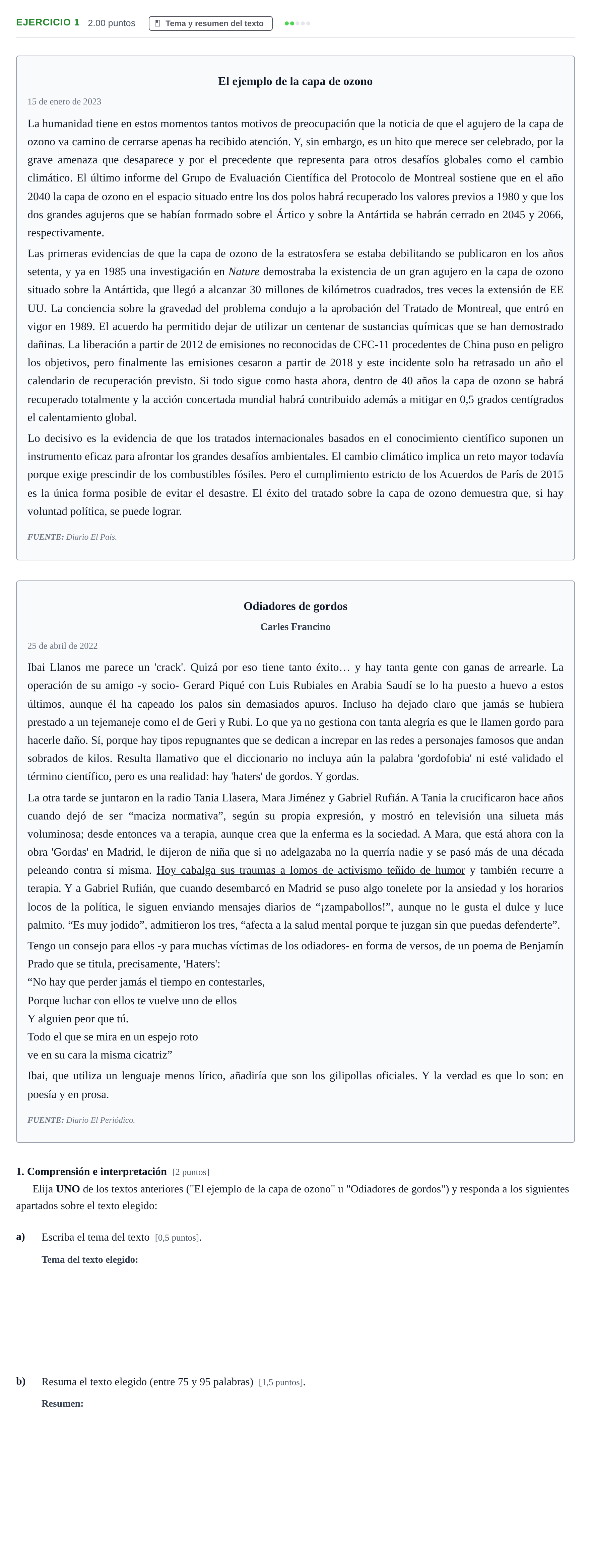 Enunciado: Ejercicio 1 - Tema y resumen · Lengua Castellana y Literatura II PAU Navarra Extraordinaria 2023