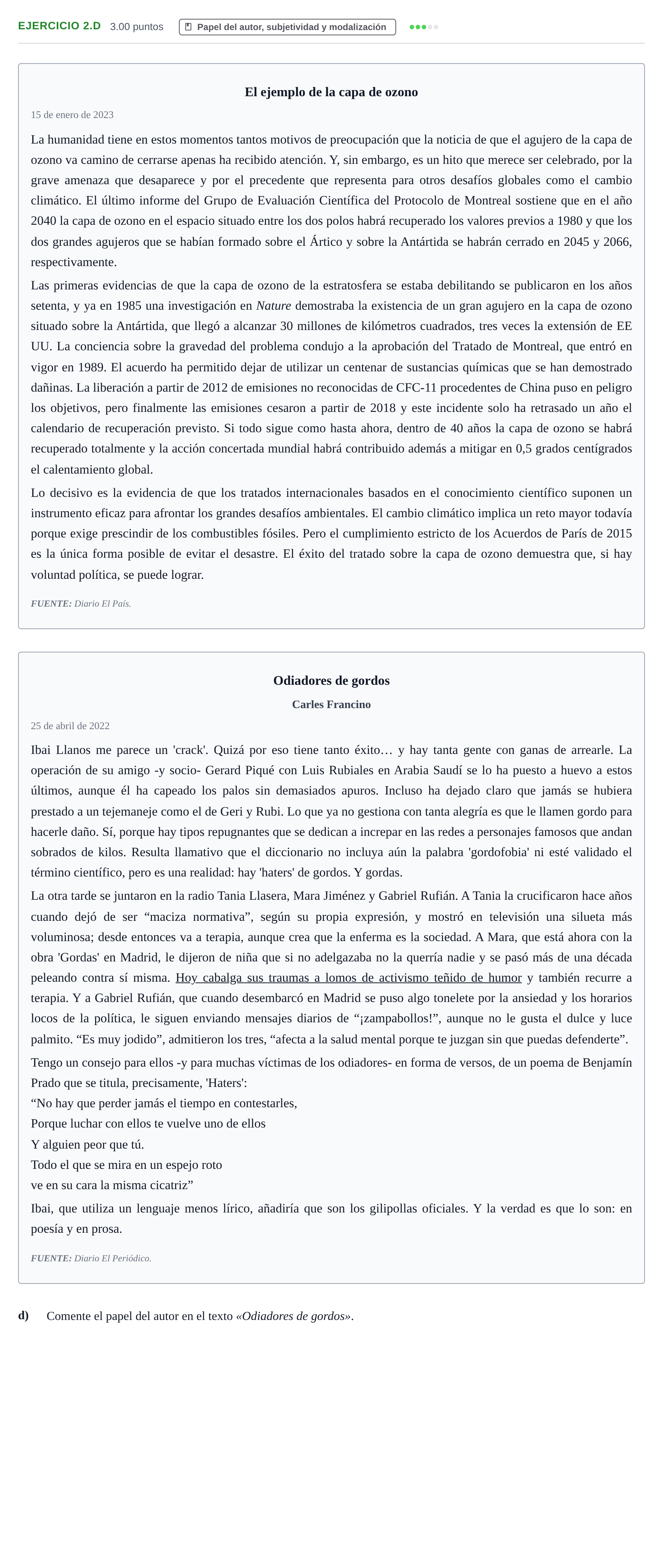 Enunciado: Ejercicio 2.d · Lengua Castellana y Literatura II PAU Navarra Extraordinaria 2023