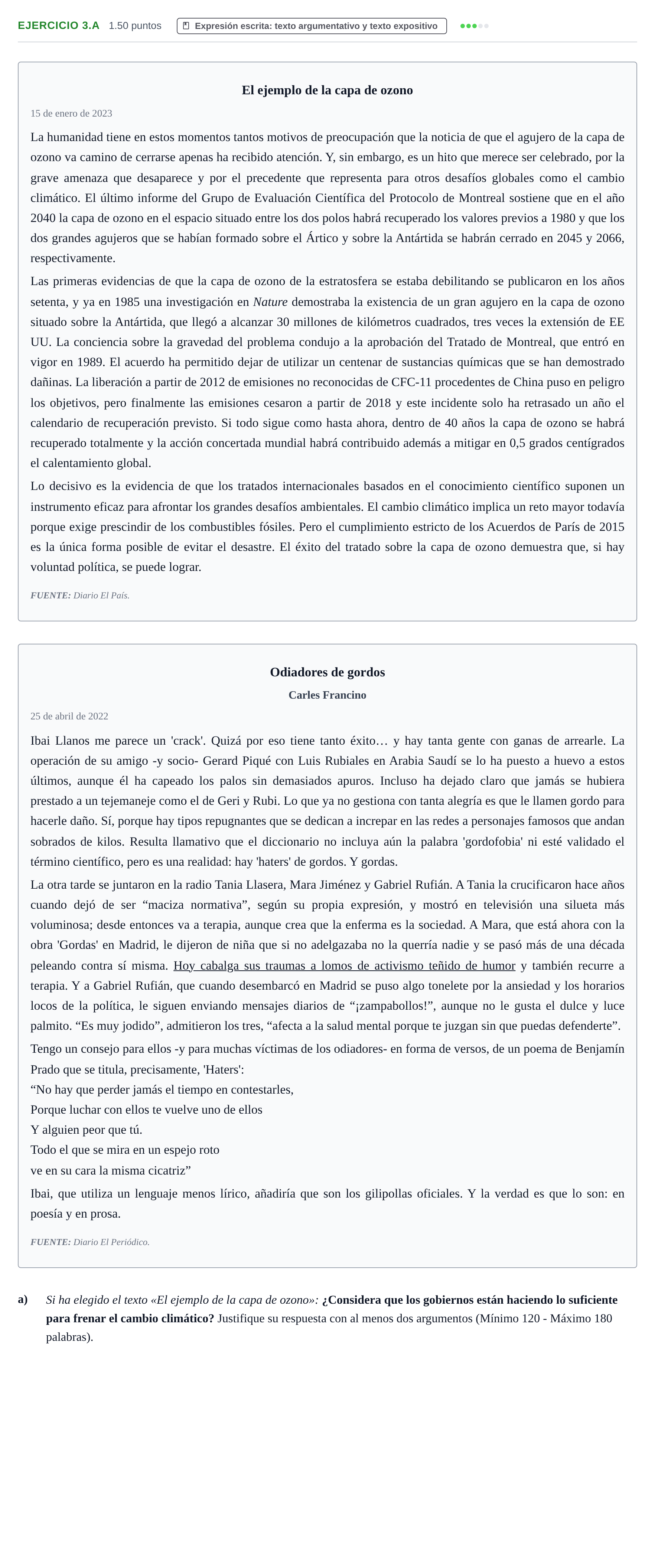 Enunciado: Ejercicio 3.a · Lengua Castellana y Literatura II PAU Navarra Extraordinaria 2023