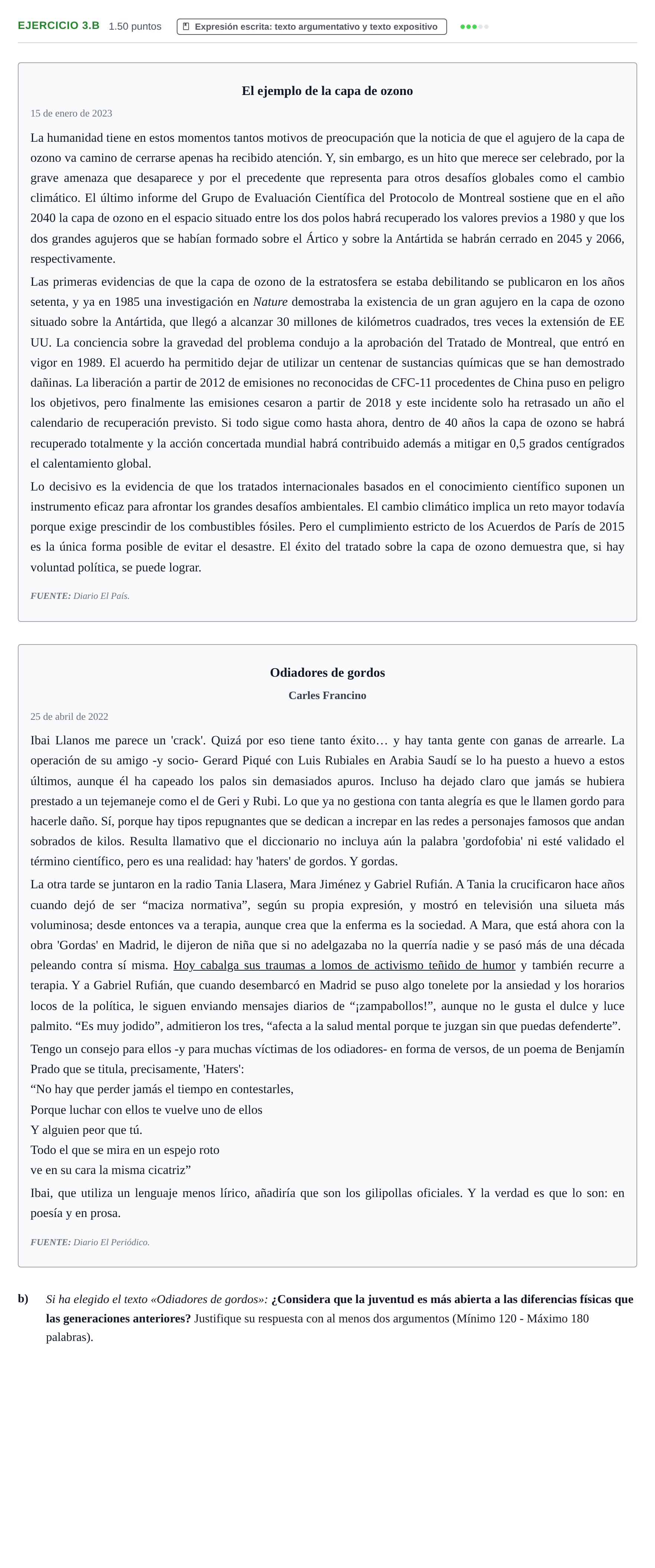 Enunciado: Ejercicio 3.b · Lengua Castellana y Literatura II PAU Navarra Extraordinaria 2023