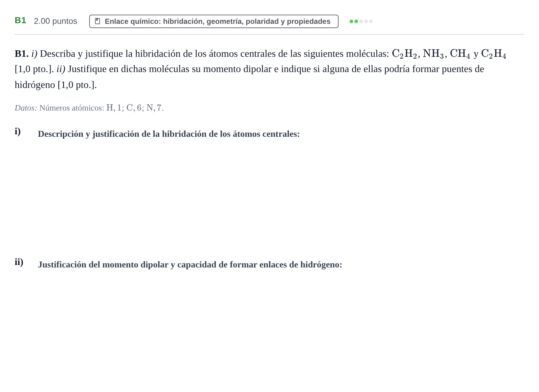 Enunciado: Ejercicio B1 · Química PAU Navarra Extraordinaria 2023