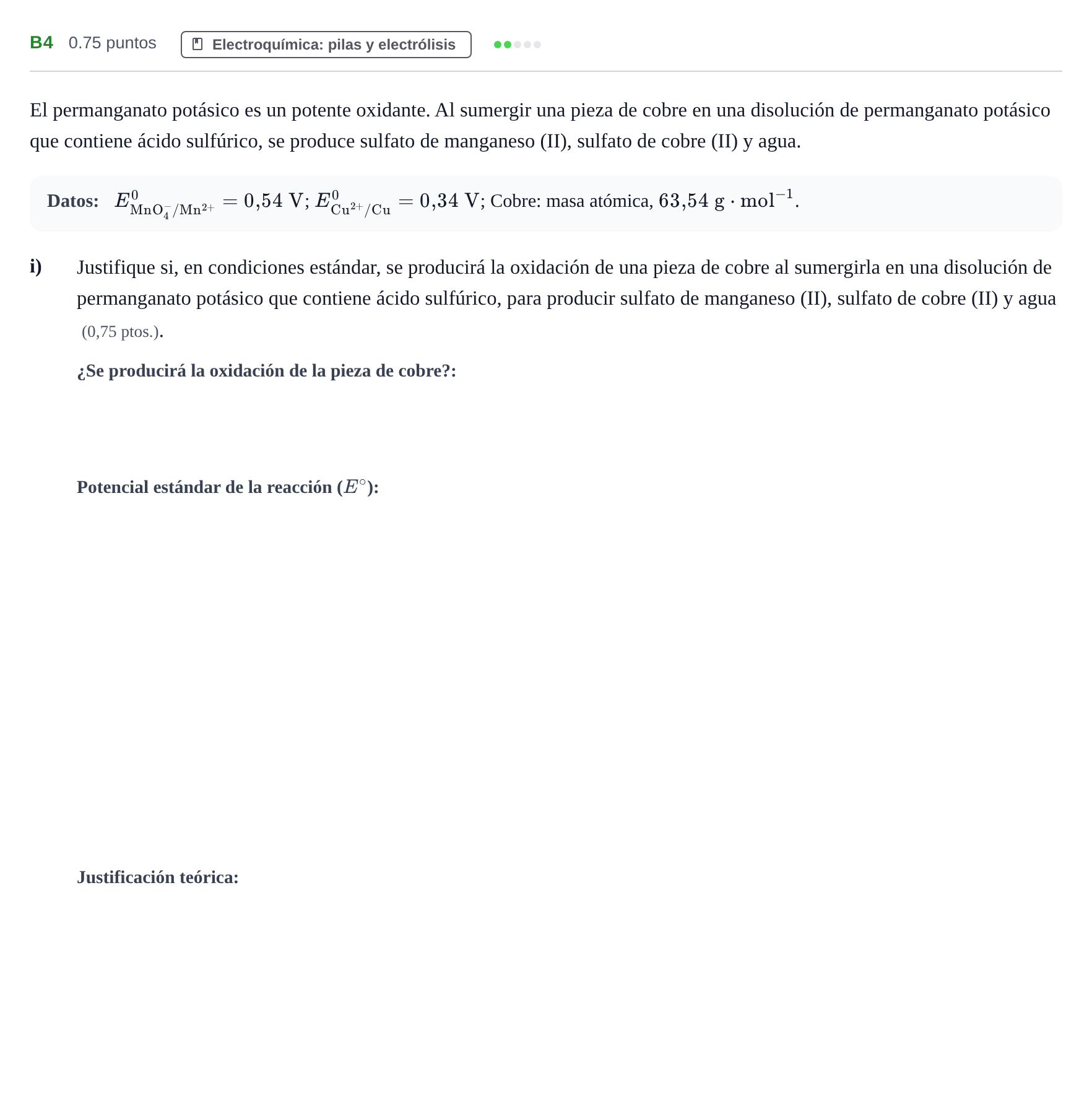 Enunciado: Ejercicio B4 - Electroquímica: pilas y electrólisis · Química PAU Navarra Extraordinaria 2023