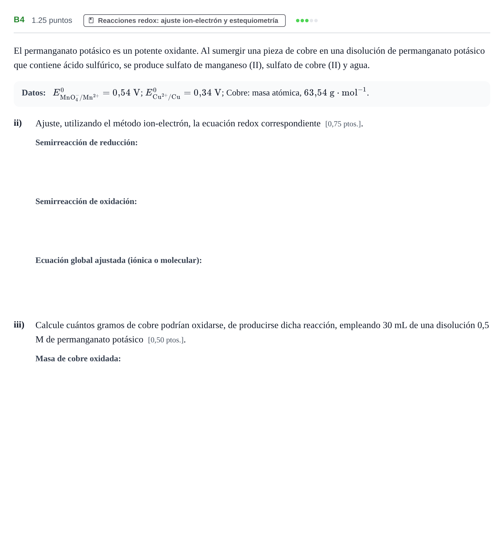 Enunciado: Ejercicio B4 - Reacciones redox: ajuste ion-electrón y este… · Química PAU Navarra Extraordinaria 2023