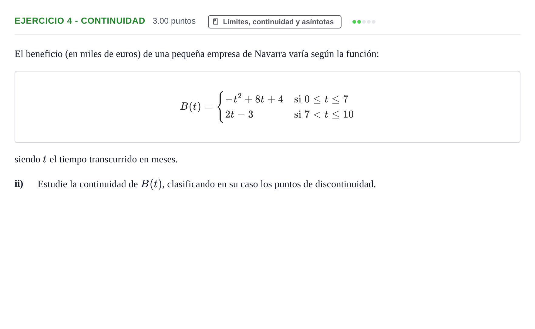 Enunciado: Ejercicio 4 - Continuidad · Matemáticas aplicadas a las Ciencias Sociales II PAU Navarra Extraordinaria 2023