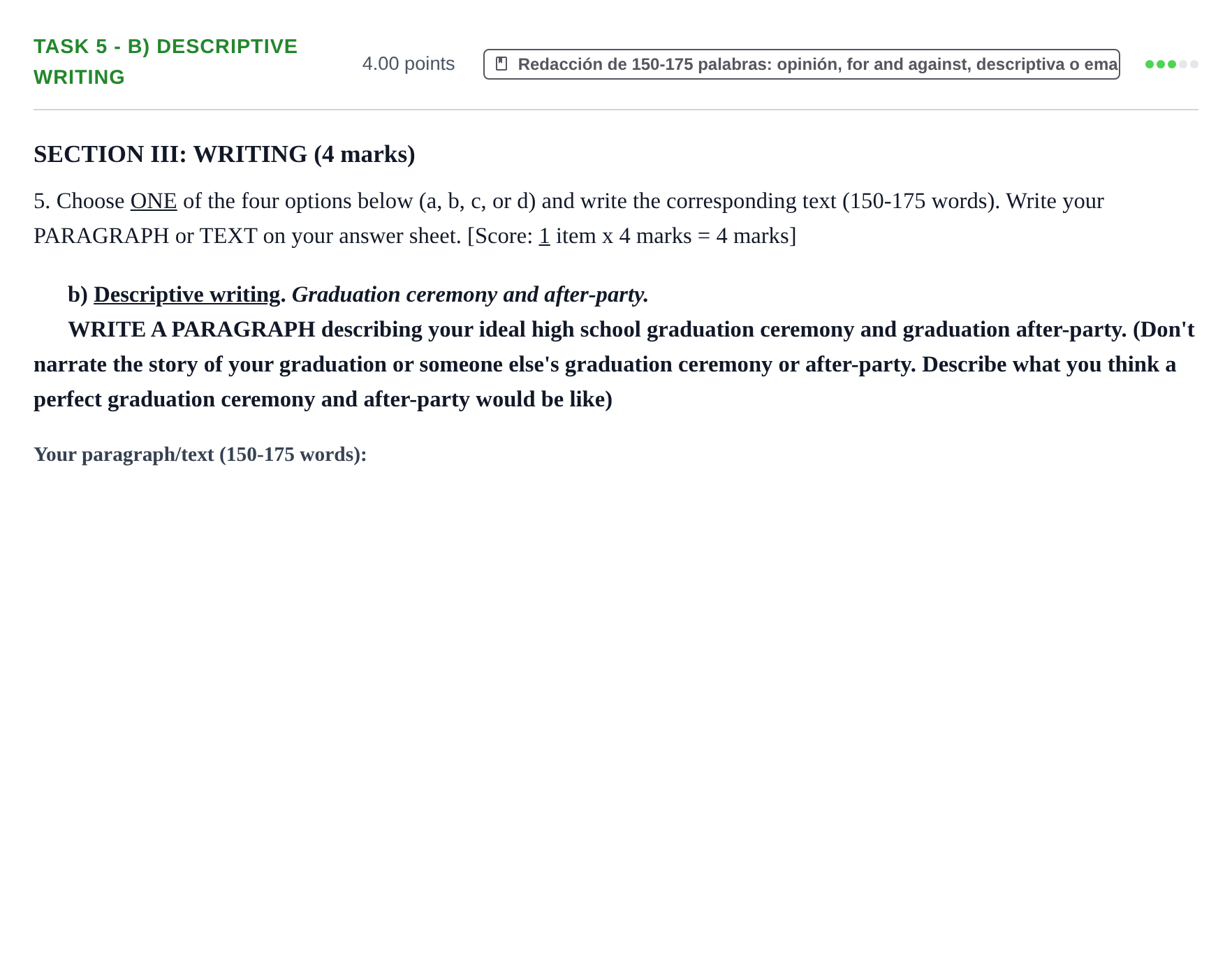 Enunciado: Task 5 - b) Descriptive writing · Inglés PAU Murcia Ordinaria 2024