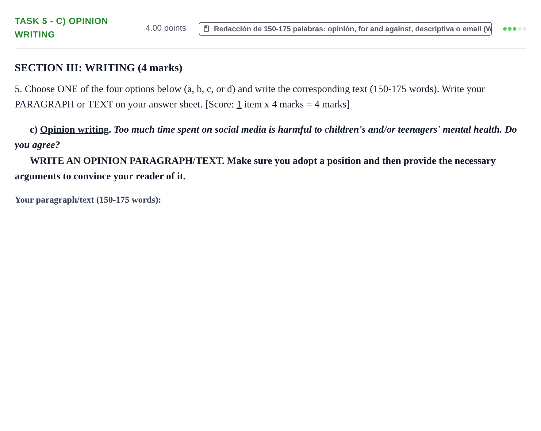 Enunciado: Task 5 - c) Opinion writing · Inglés PAU Murcia Ordinaria 2024