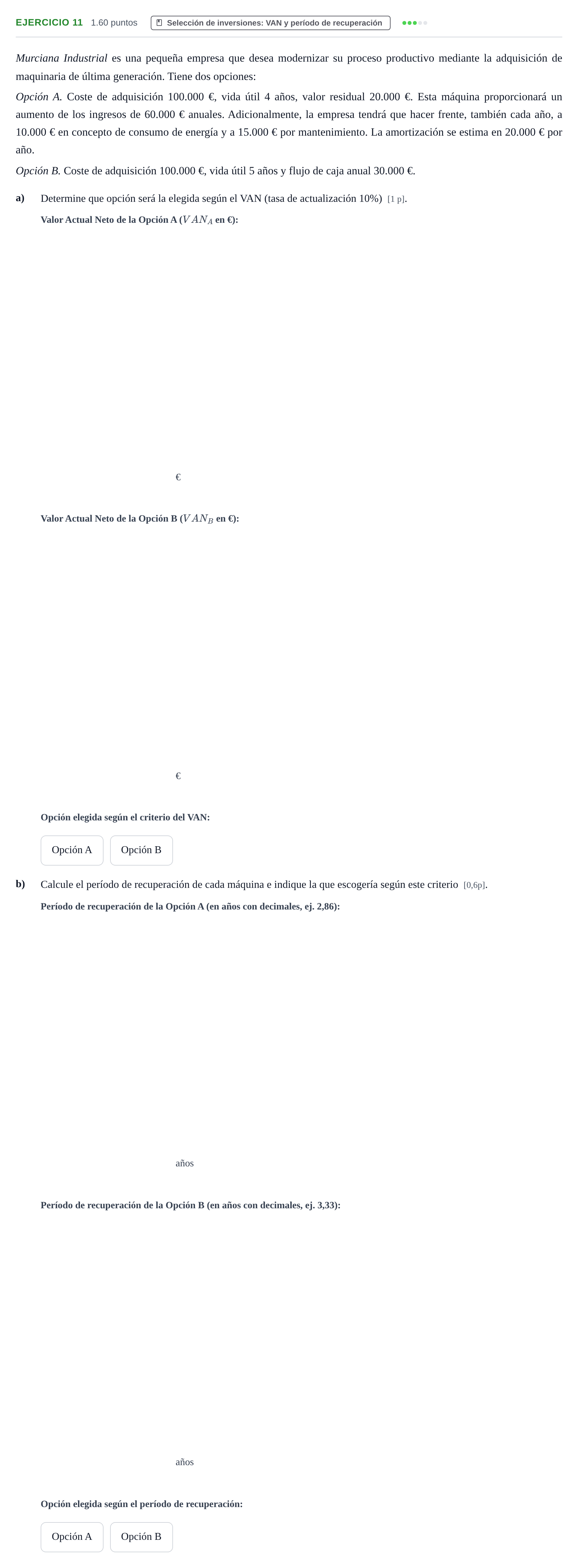 Enunciado: Ejercicio 11 - Selección de inversiones · Empresa y Diseño de Modelos de Negocio PAU Murcia Extraordinaria 2024
