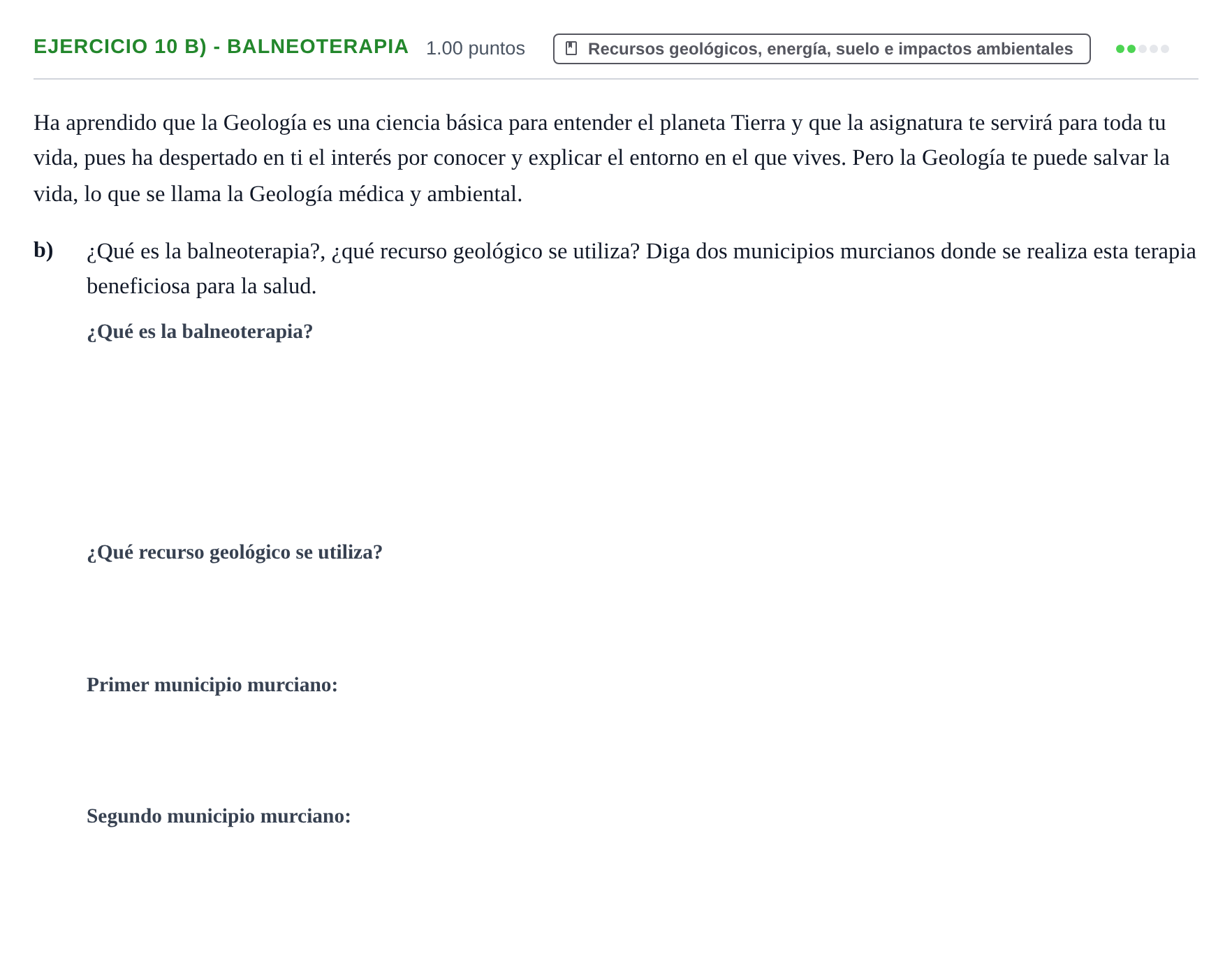 Enunciado: Ejercicio 10 b) - Balneoterapia · Geología y Ciencias Ambientales PAU Murcia Extraordinaria 2024