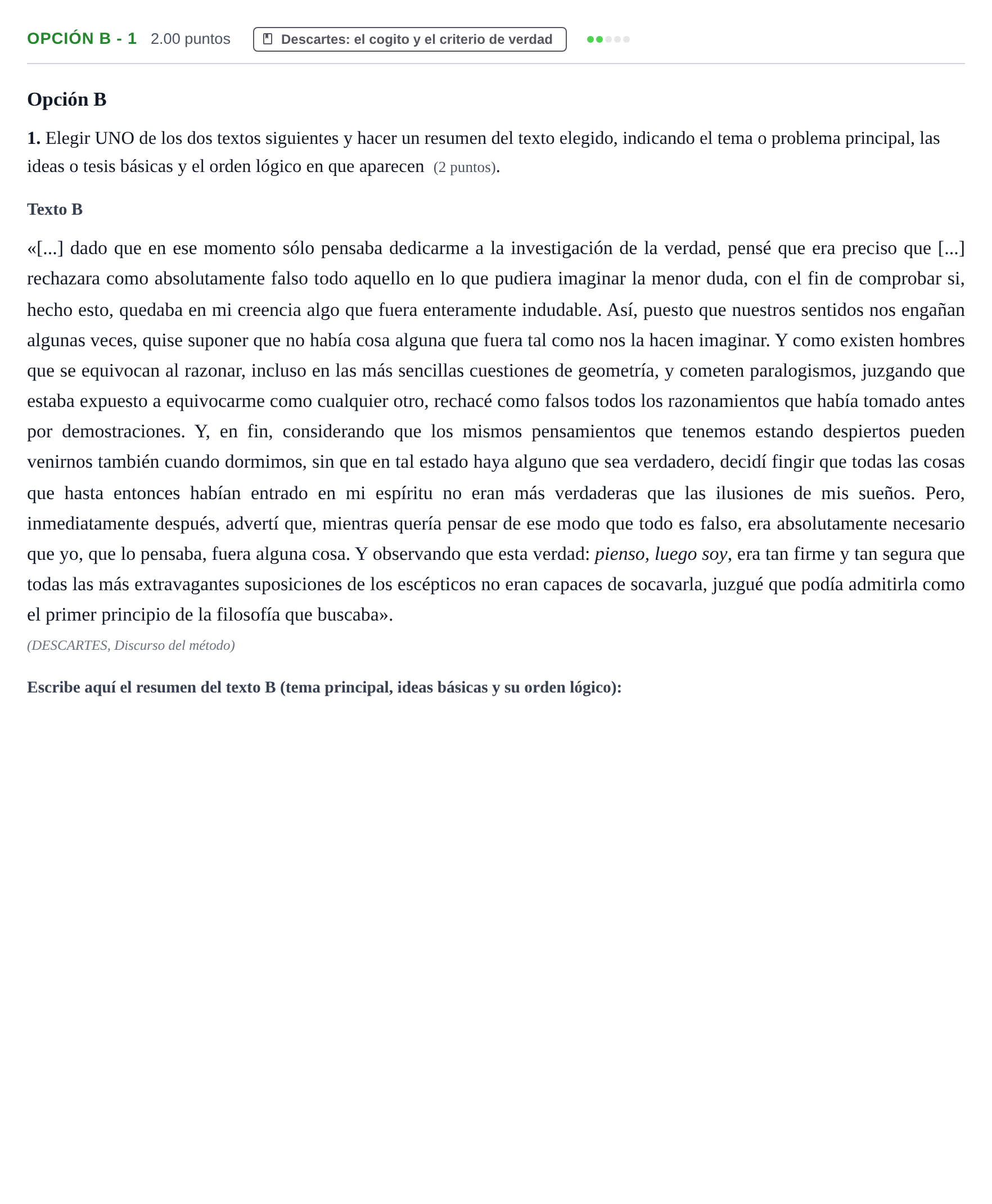 Enunciado: Opción B - 1 · Historia de la Filosofía PAU Murcia Extraordinaria 2024