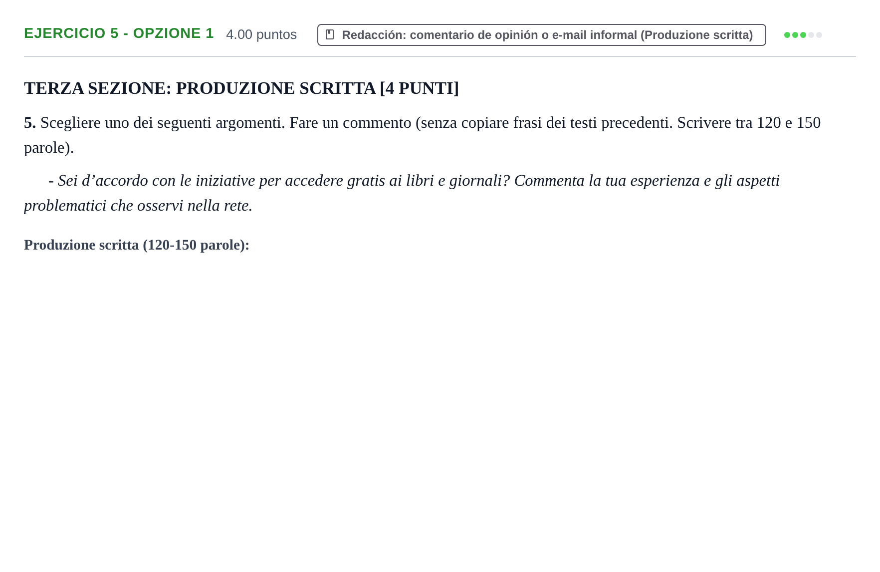 Enunciado: Ejercicio 5 - Opzione 1 · Italiano PAU Murcia Extraordinaria 2024