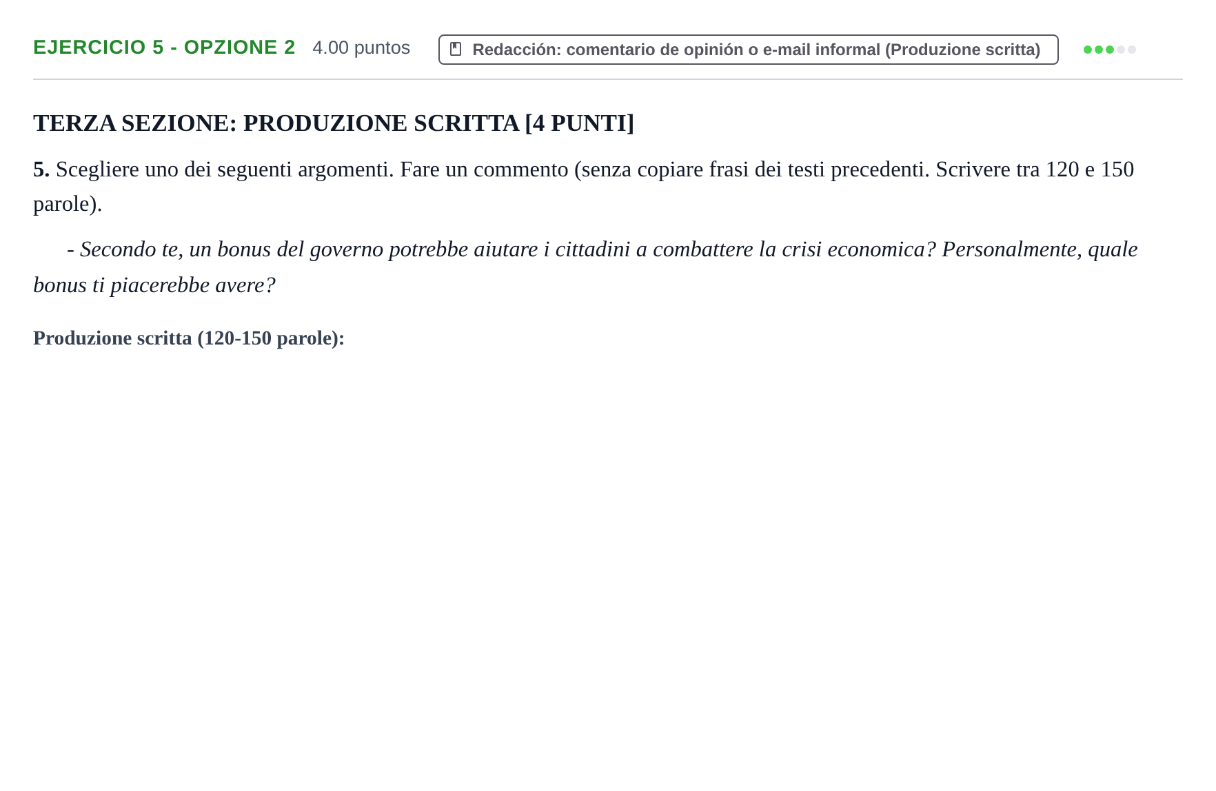 Enunciado: Ejercicio 5 - Opzione 2 · Italiano PAU Murcia Extraordinaria 2024