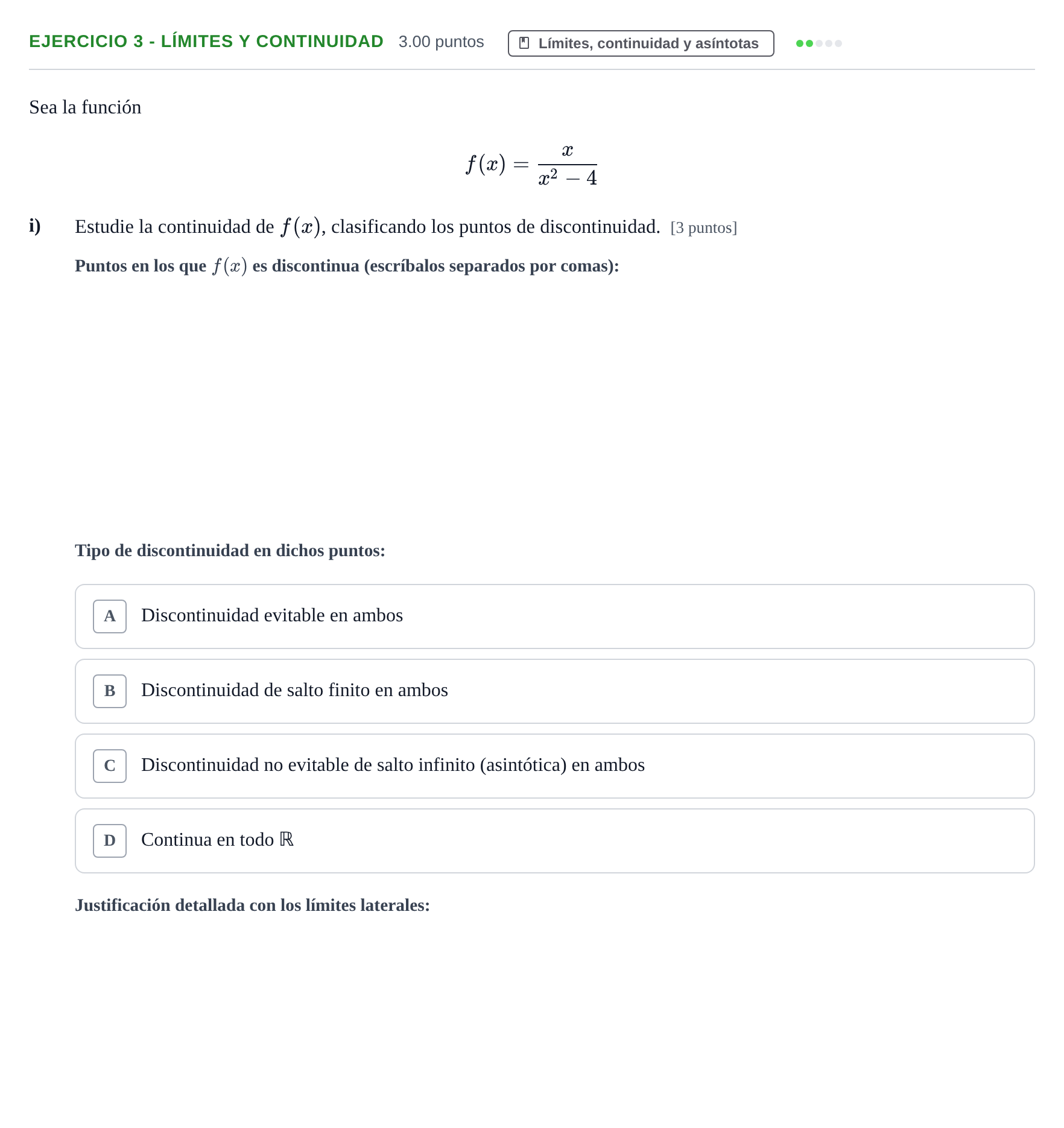 Enunciado: Ejercicio 3 - Límites y continuidad · Matemáticas aplicadas a las Ciencias Sociales II PAU Navarra Ordinaria 2022