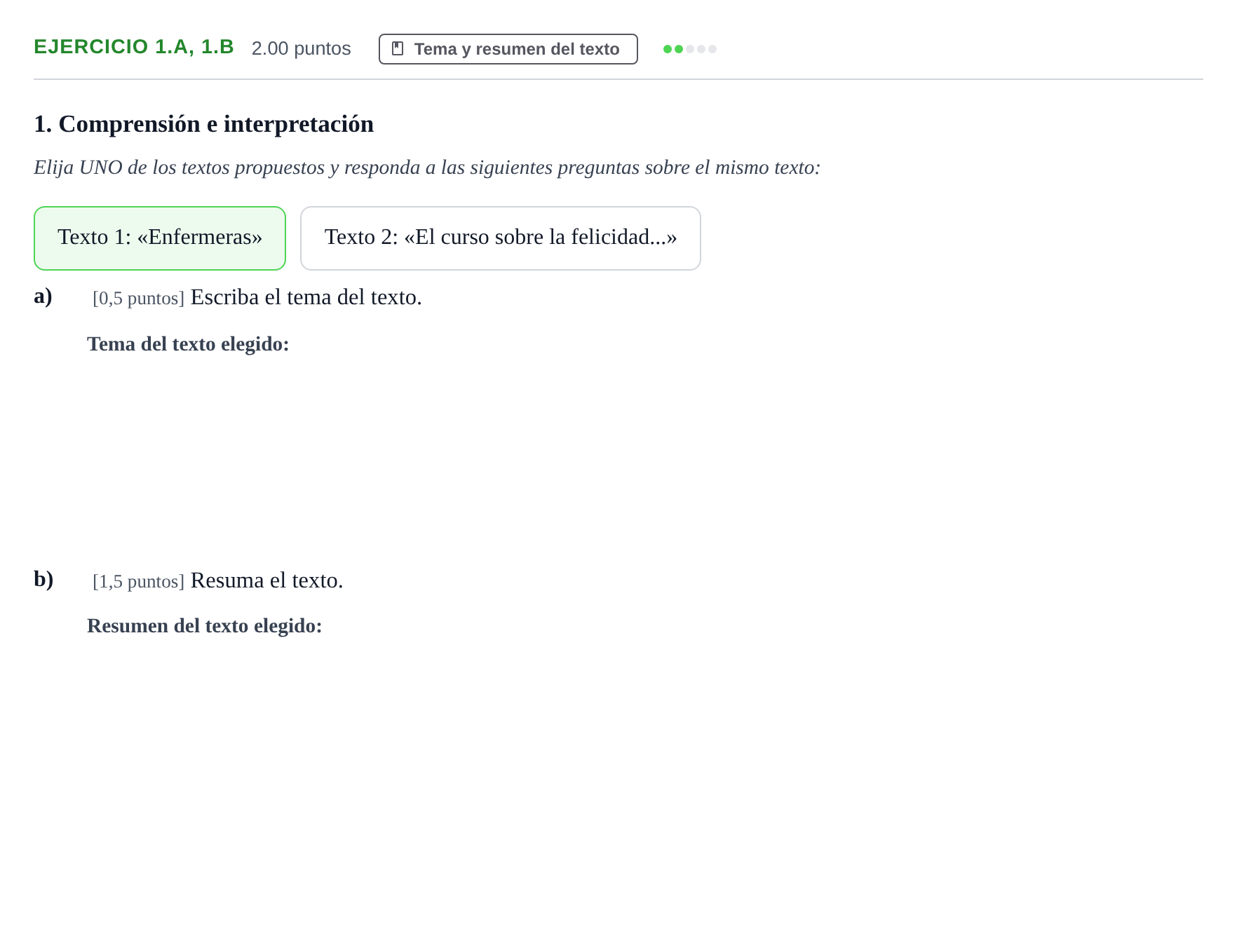 Enunciado: Ejercicio 1.a, 1.b · Lengua Castellana y Literatura II PAU Navarra Ordinaria 2022