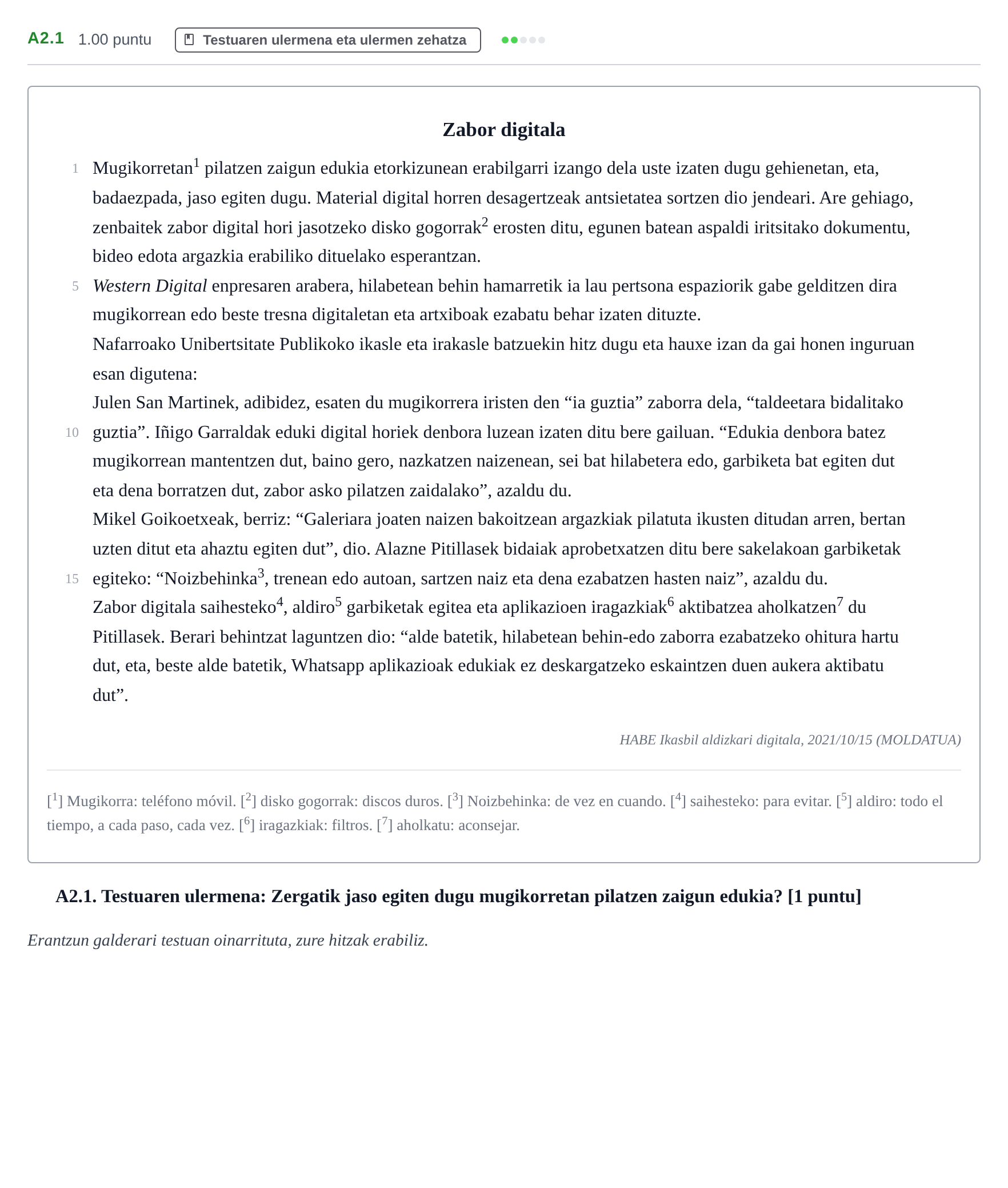 Enunciado: Ejercicio A2.1 · Lengua Vasca y Literatura II PAU Navarra Ordinaria (Modelo A) 2022