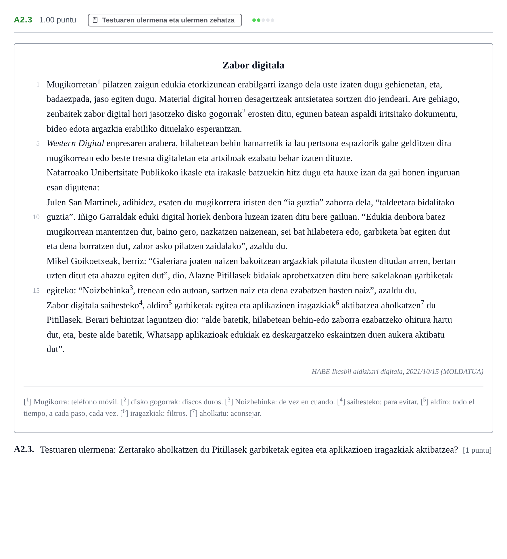 Enunciado: Ejercicio A2.3 · Lengua Vasca y Literatura II PAU Navarra Ordinaria (Modelo A) 2022
