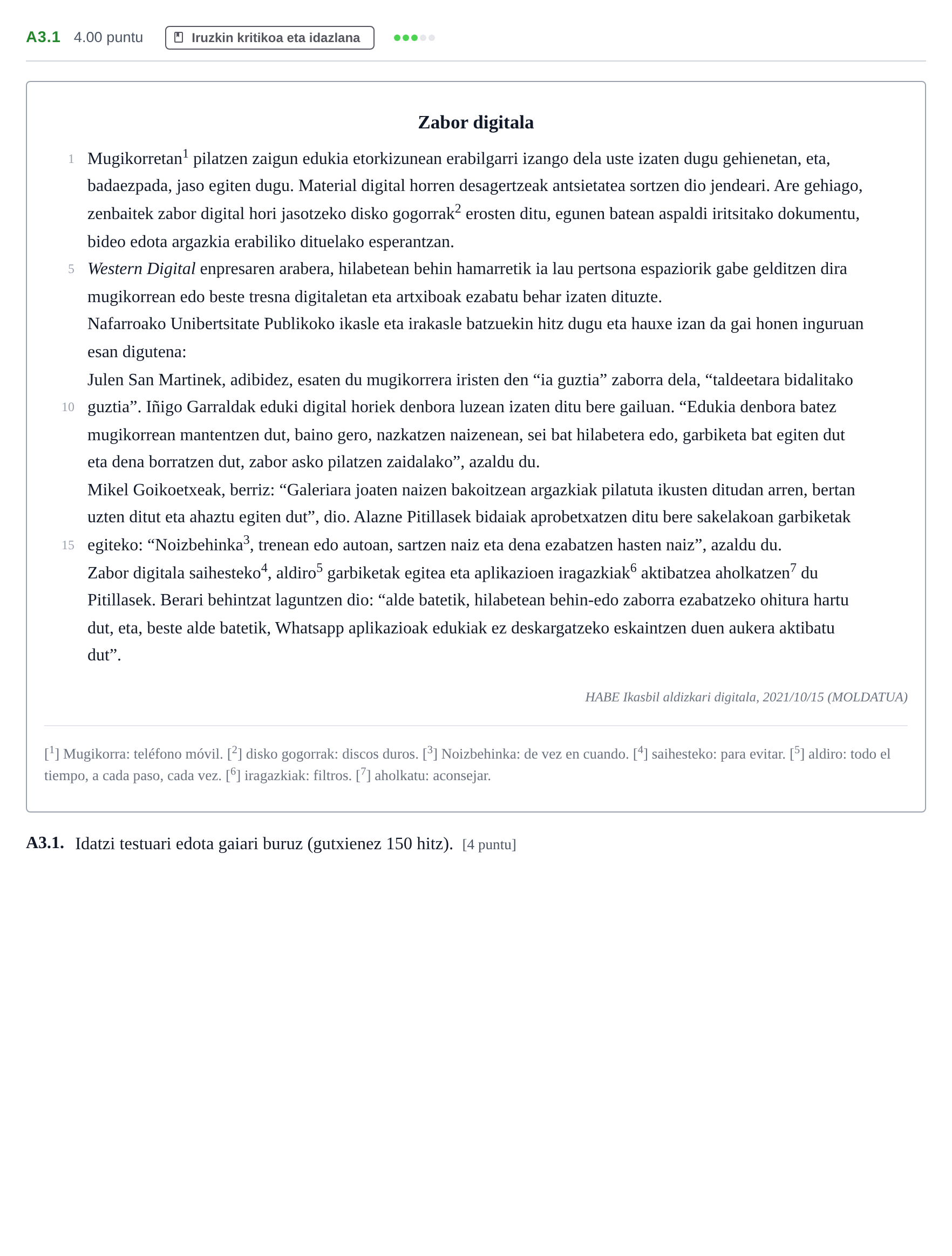Enunciado: Ejercicio A3.1 · Lengua Vasca y Literatura II PAU Navarra Ordinaria (Modelo A) 2022