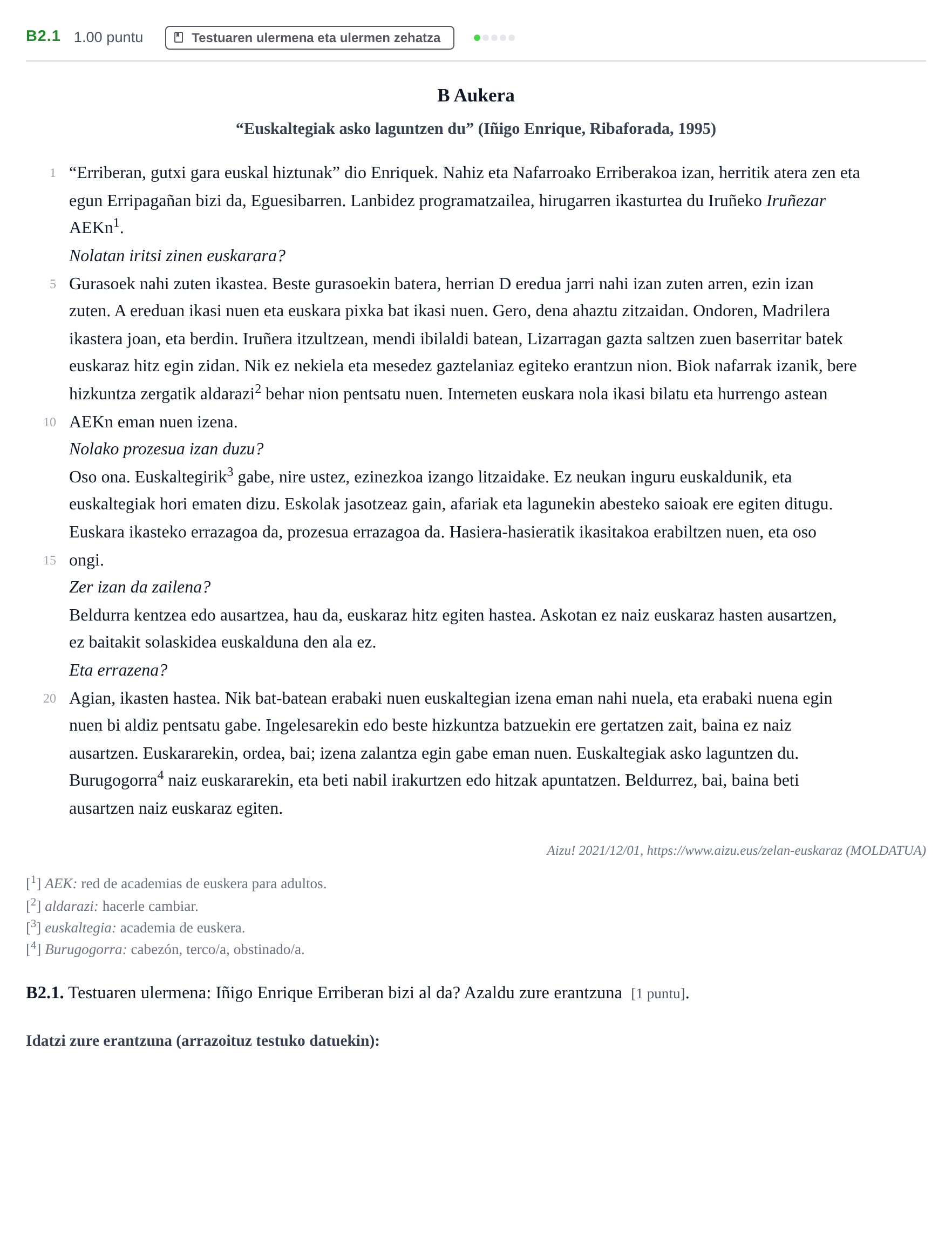 Enunciado: Ejercicio B2.1 · Lengua Vasca y Literatura II PAU Navarra Ordinaria (Modelo A) 2022