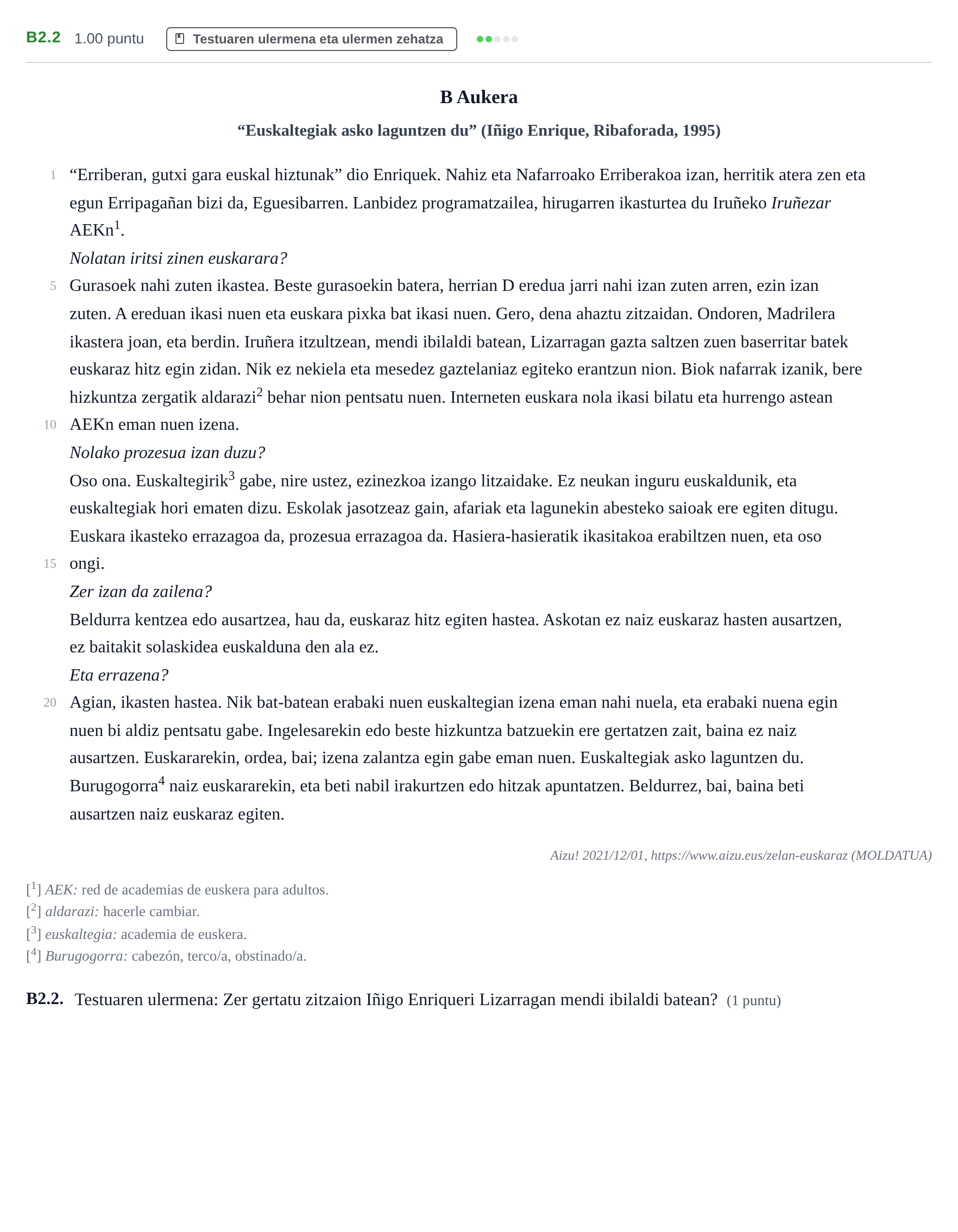 Enunciado: Ejercicio B2.2 · Lengua Vasca y Literatura II PAU Navarra Ordinaria (Modelo A) 2022