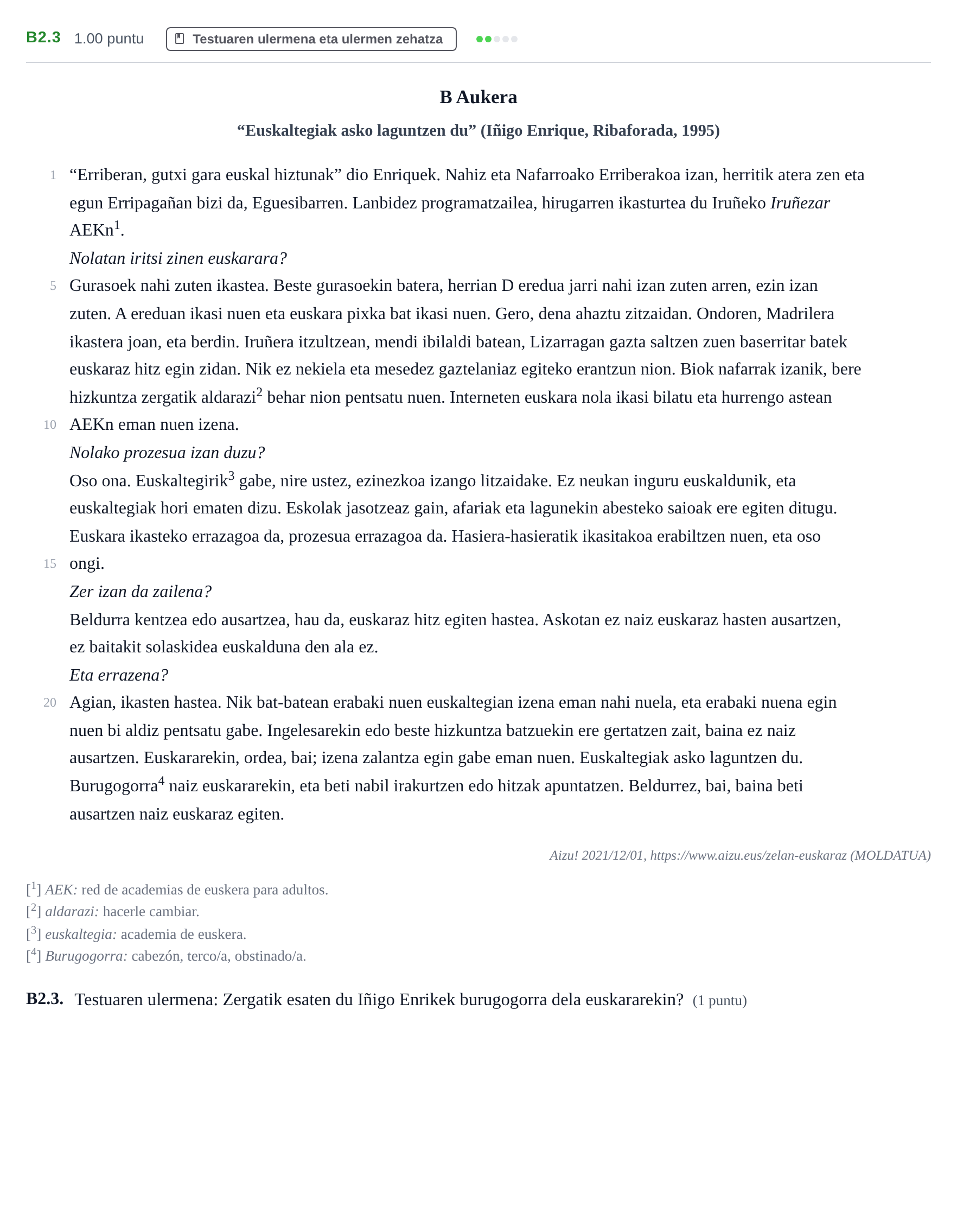 Enunciado: Ejercicio B2.3 · Lengua Vasca y Literatura II PAU Navarra Ordinaria (Modelo A) 2022