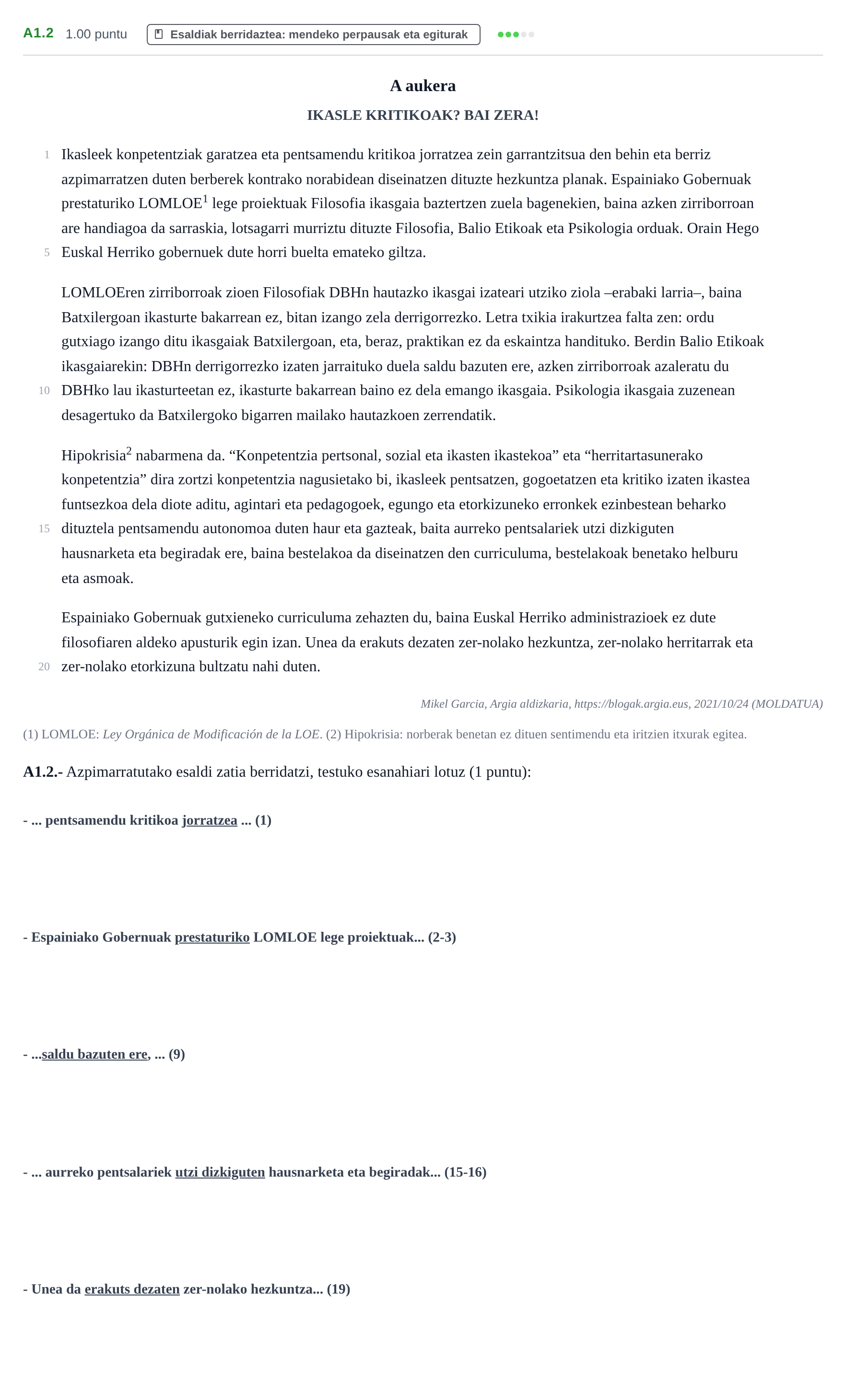 Enunciado: Ejercicio A1.2 · Lengua Vasca y Literatura II PAU Navarra Ordinaria (Modelo D) 2022